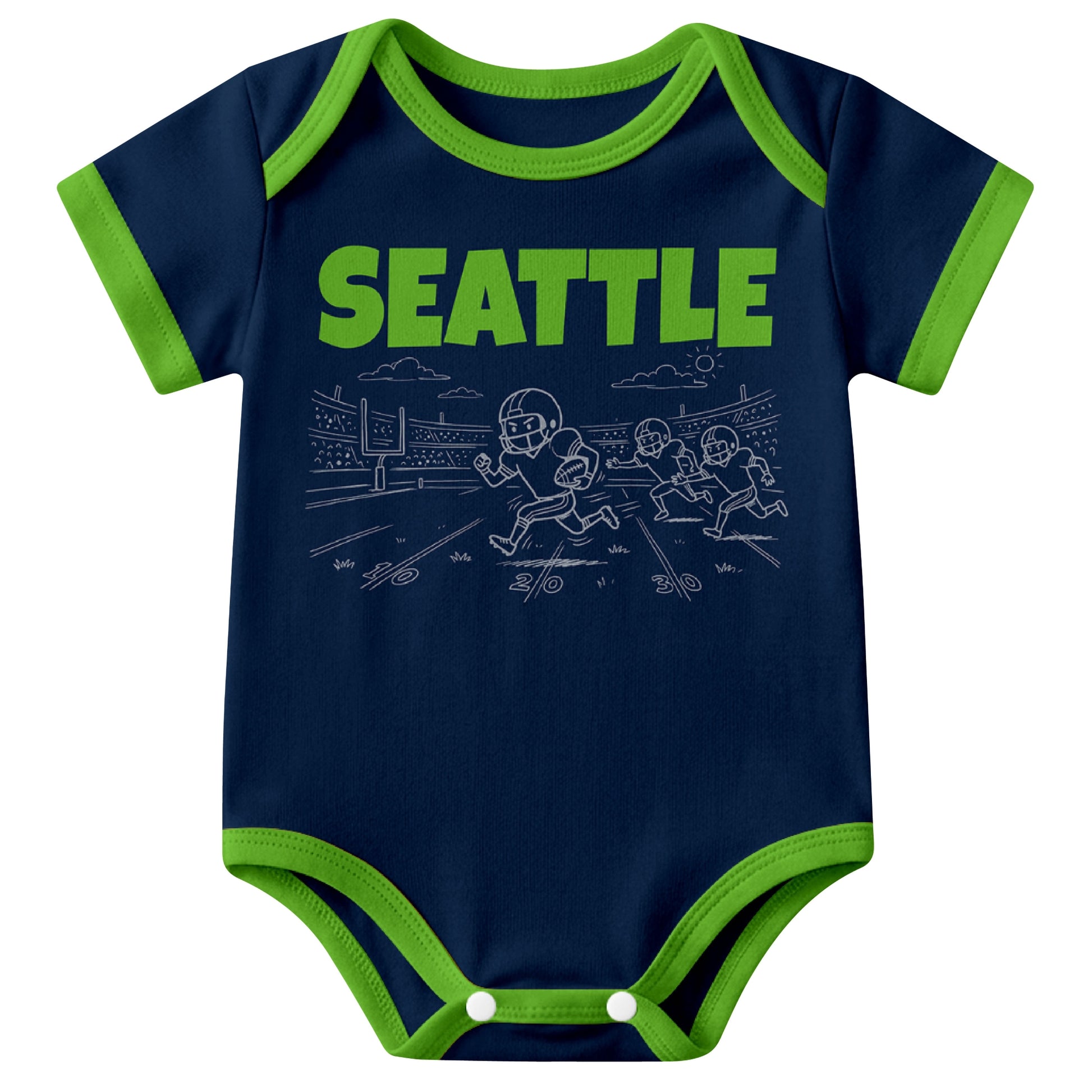Seattle Navy baby football bodysuit front view with city lettering and football field action graphic
