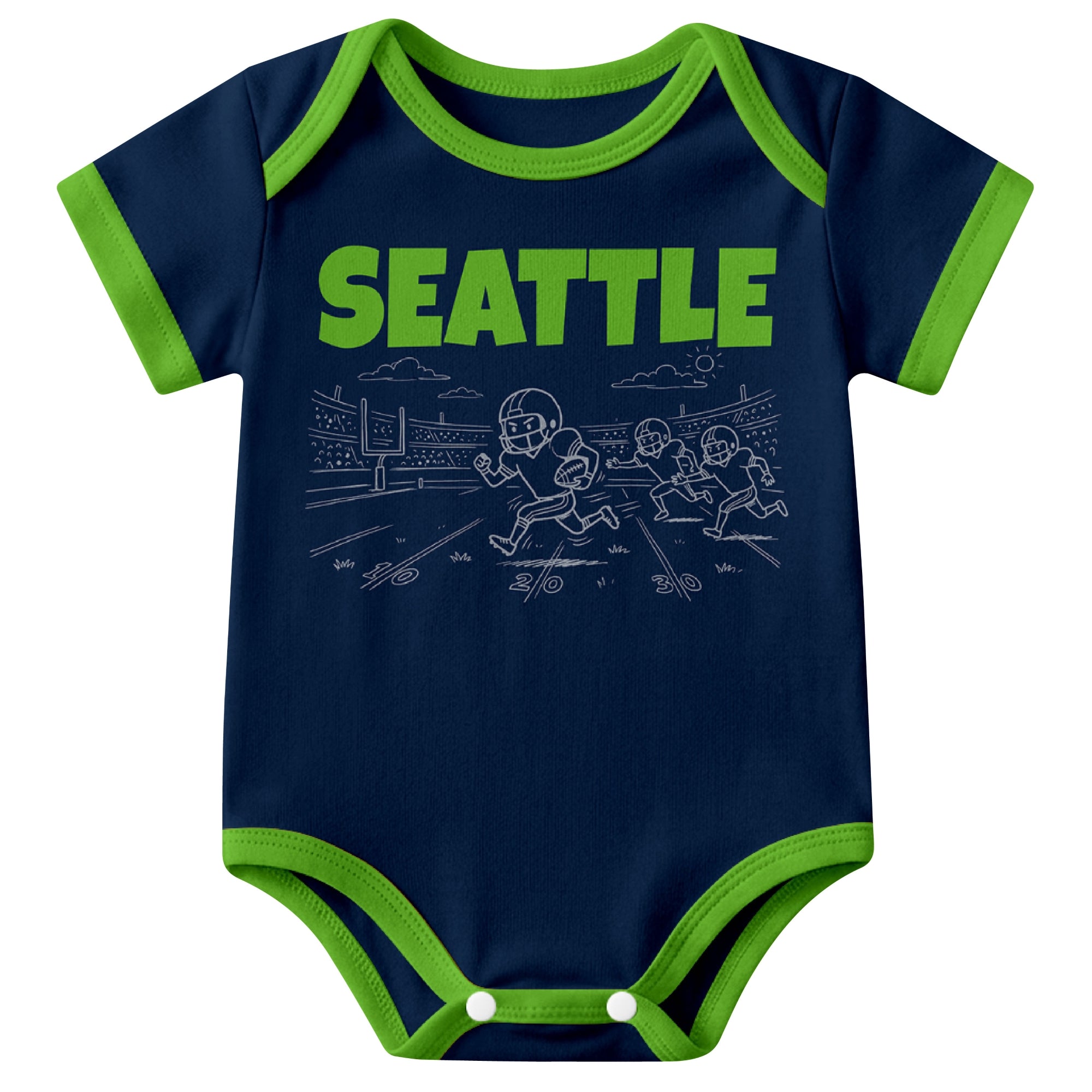 Seattle Navy baby football bodysuit front view with city lettering and football field action graphic