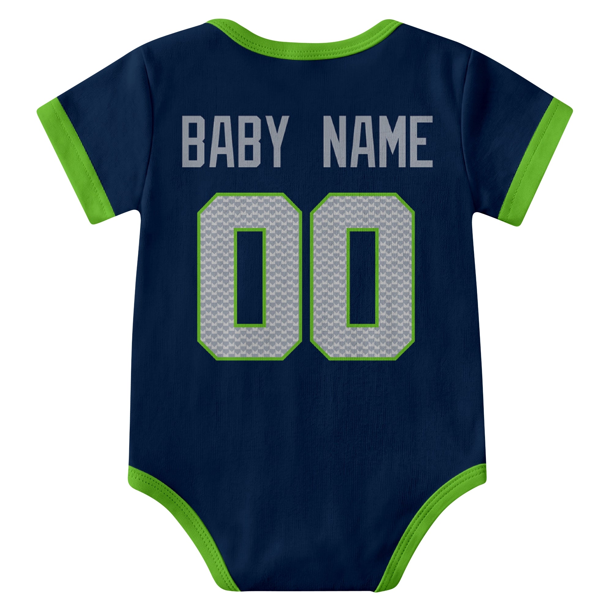 Seattle Navy personalized baby football bodysuit back view with custom baby name and jersey number