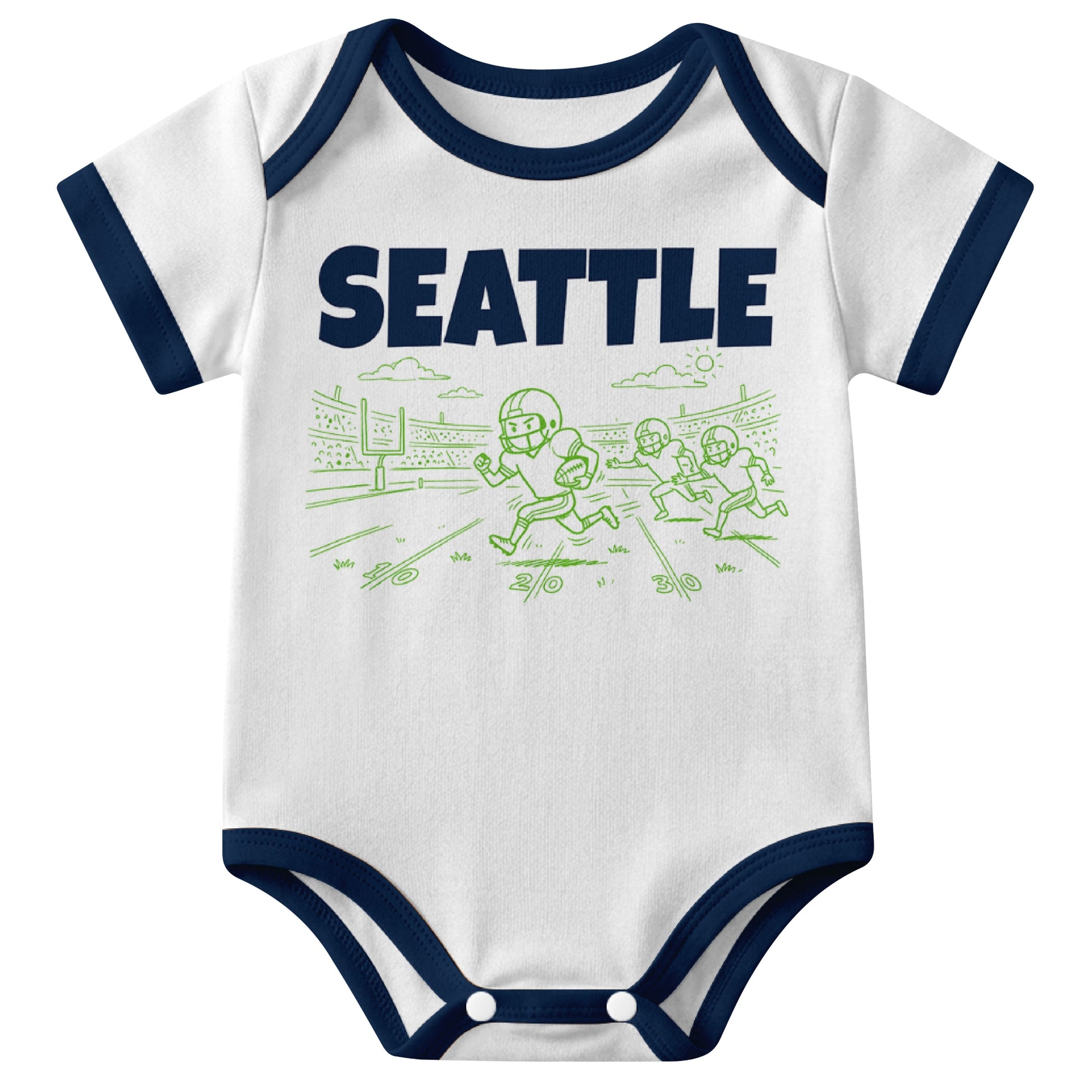 Seattle White baby football bodysuit front view with city lettering and football field action graphic