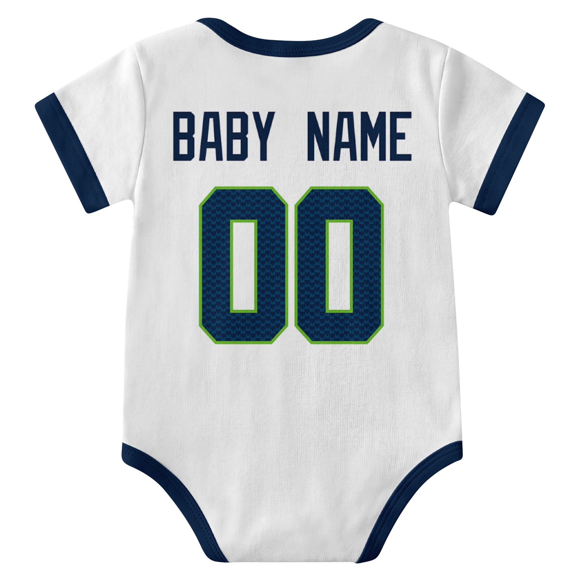Seattle White personalized baby football bodysuit back view with custom baby name and jersey number