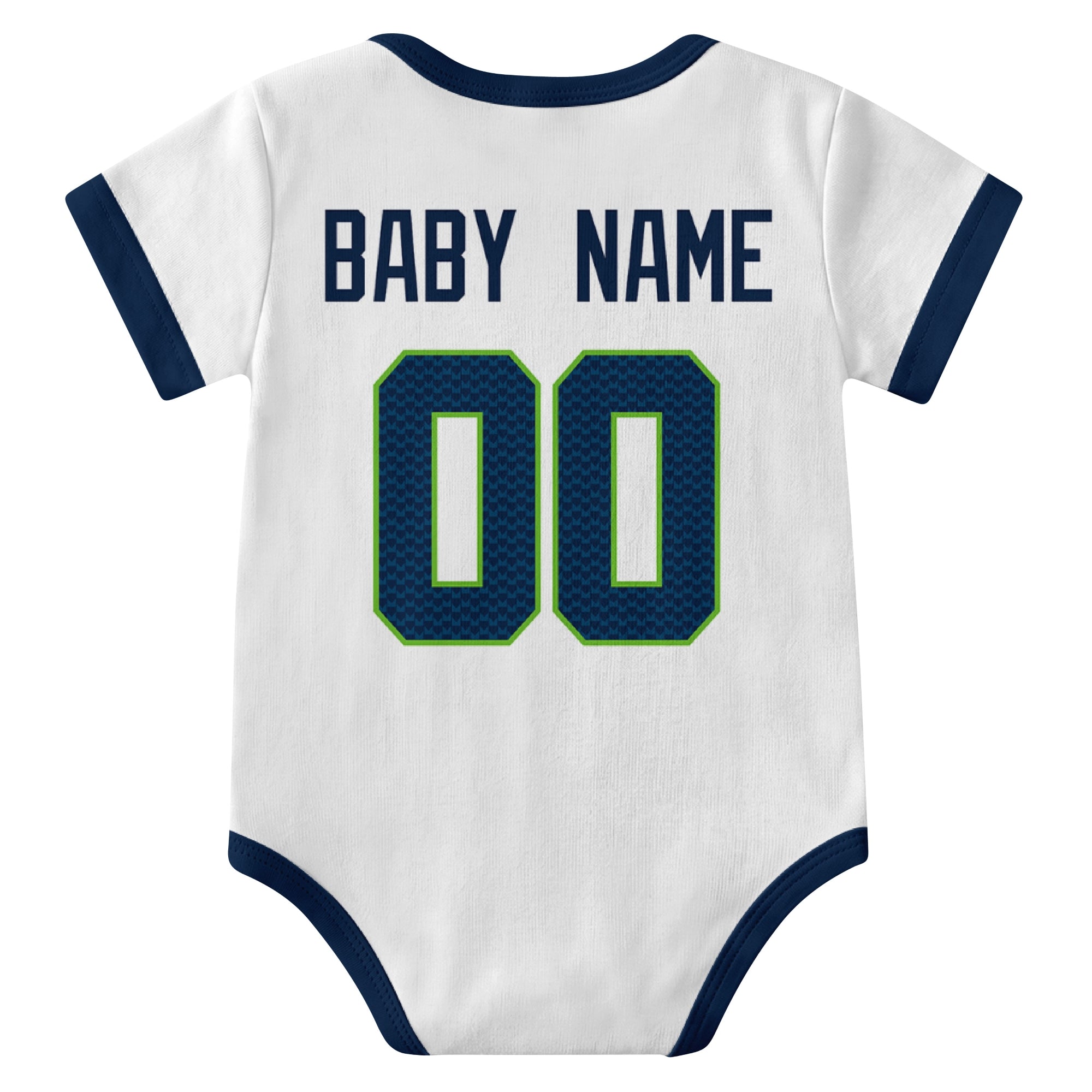 Seattle White personalized baby football bodysuit back view with custom baby name and jersey number