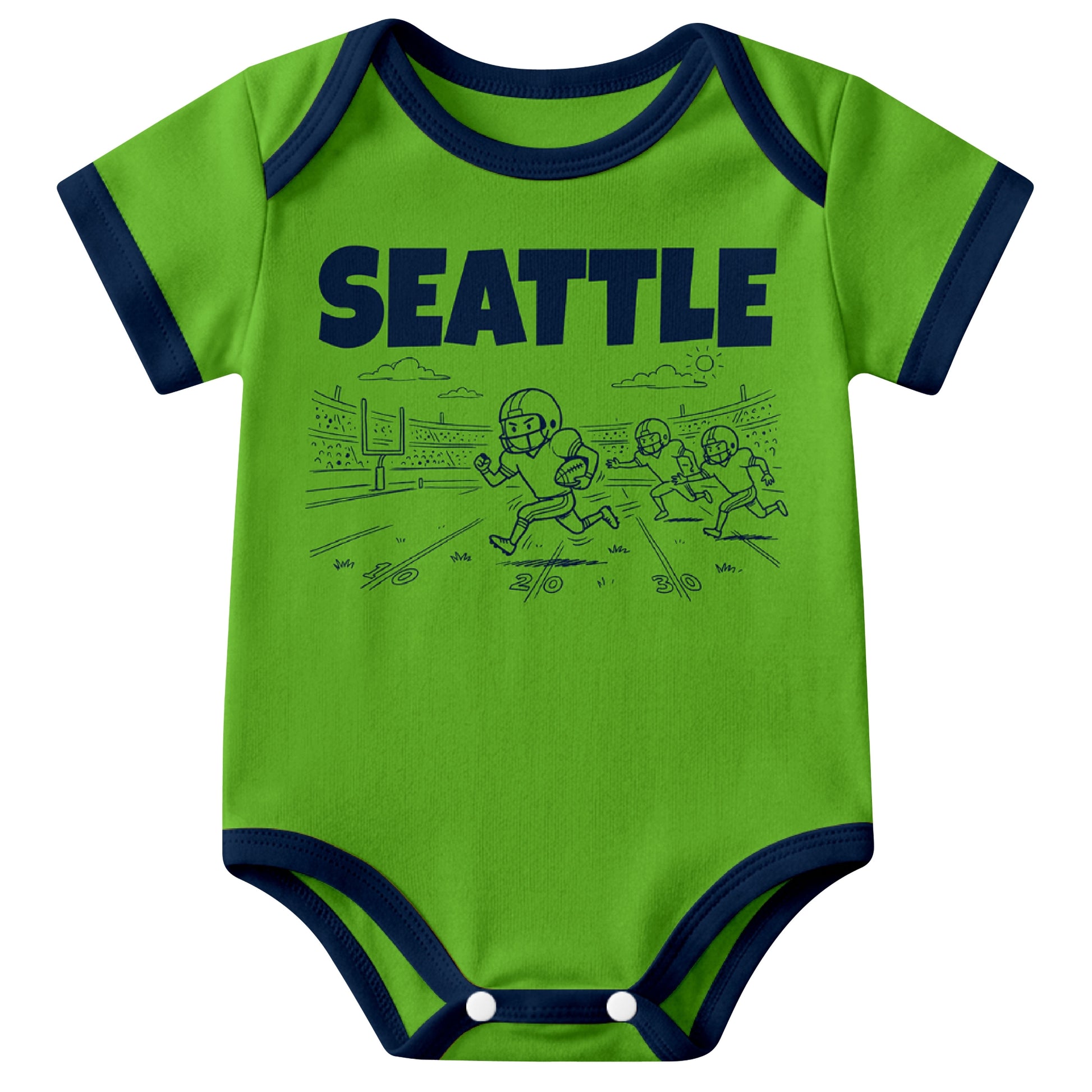 Seattle Neon Green baby football bodysuit front view with city lettering and football field action graphic