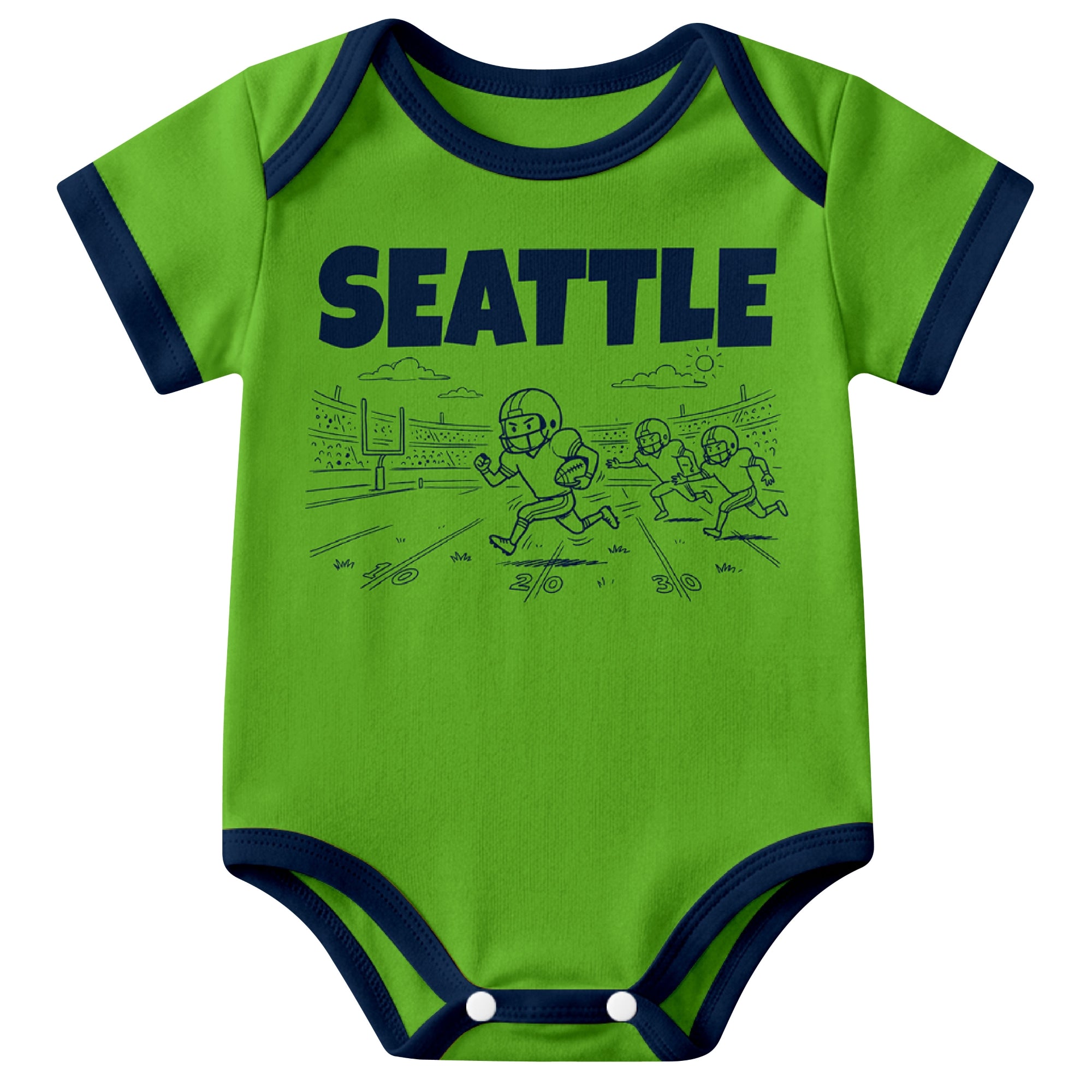 Seattle Neon Green baby football bodysuit front view with city lettering and football field action graphic