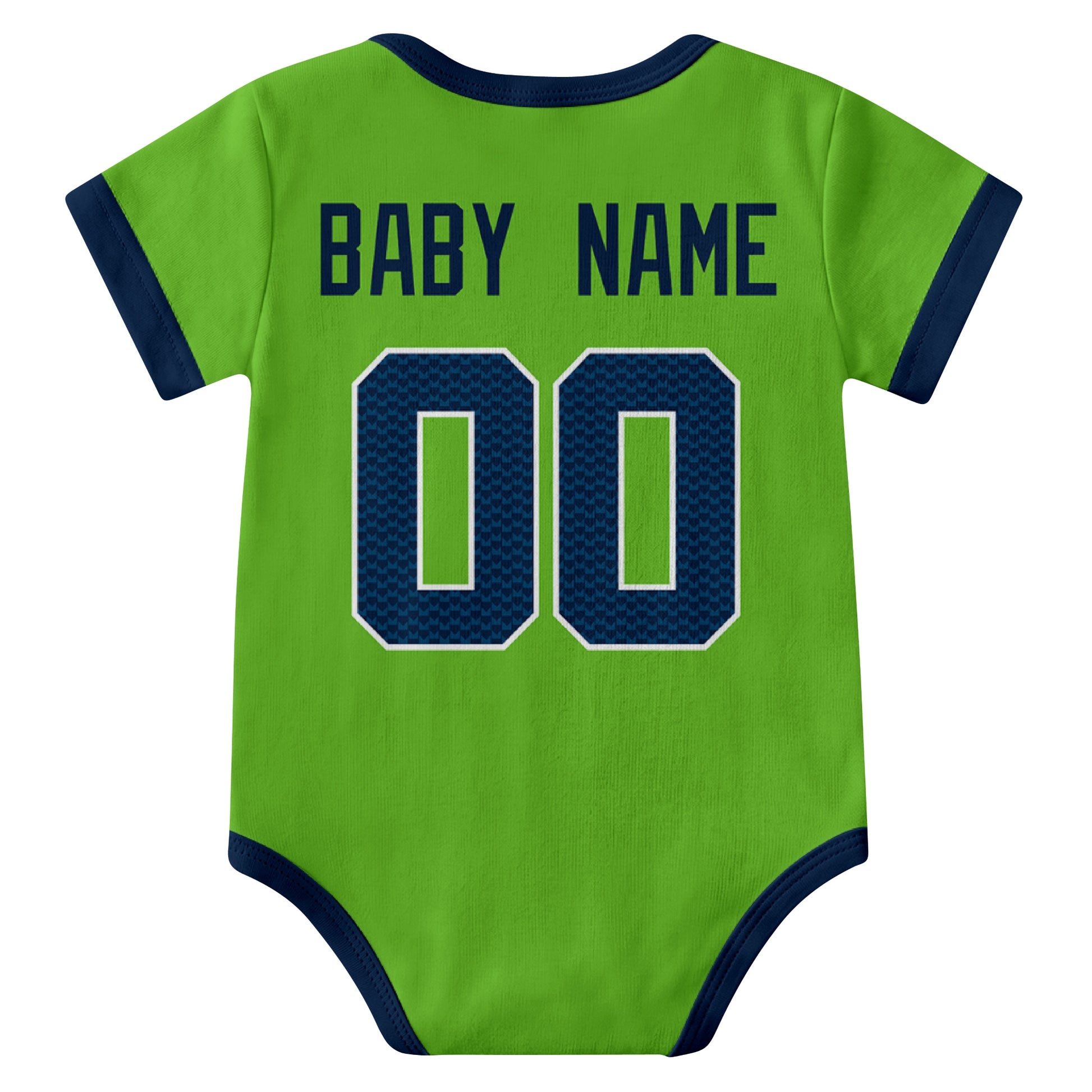 Seattle Neon Green personalized baby football bodysuit back view with custom baby name and jersey number
