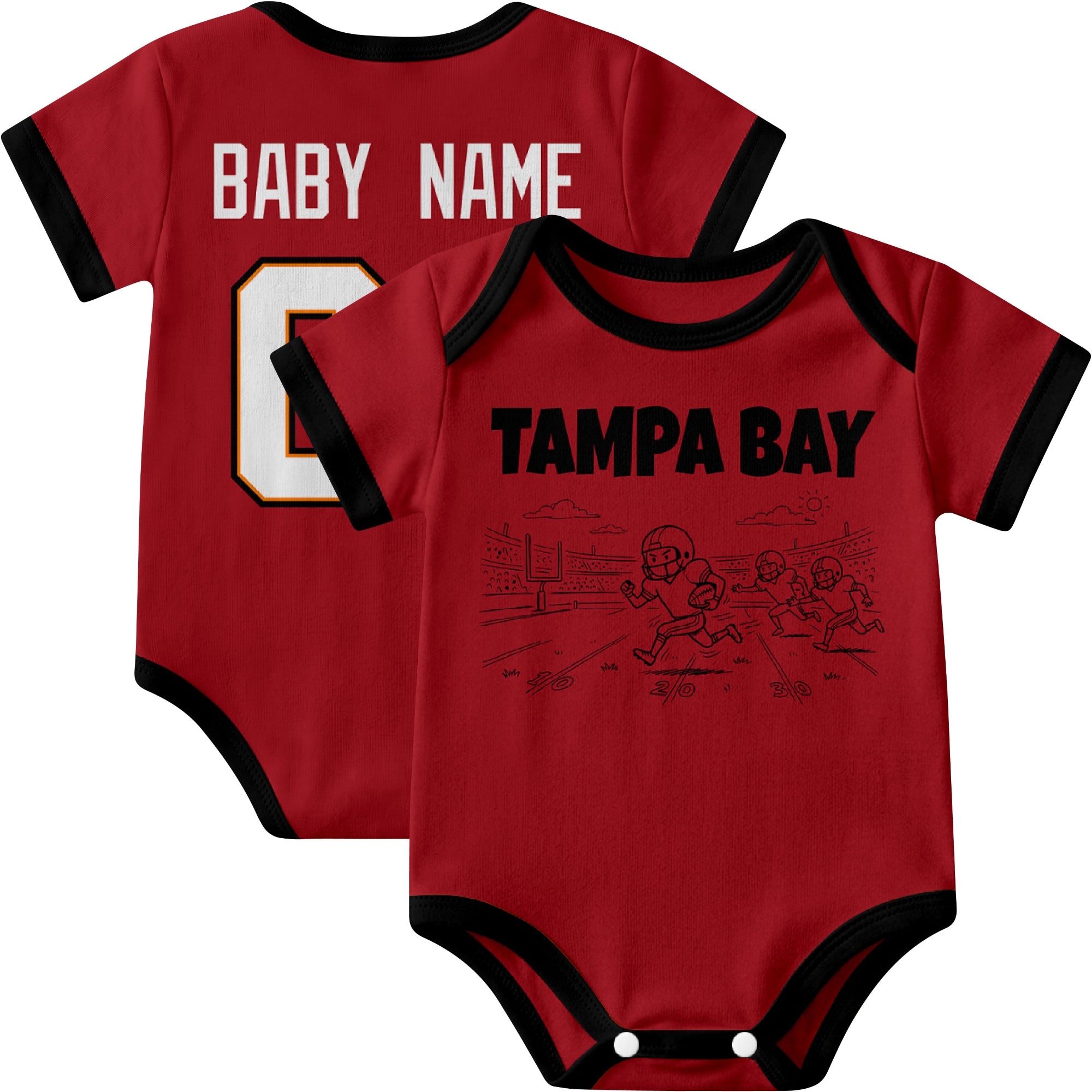 Tampa personalized baby football bodysuit in Red showing front field action scene and back custom baby name and number