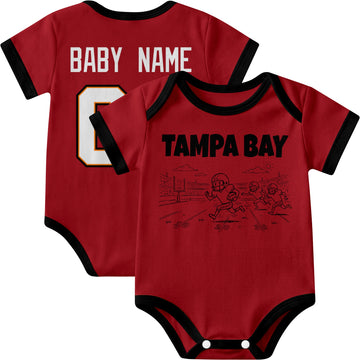 Tampa personalized baby football bodysuit in Red showing front field action scene and back custom baby name and number