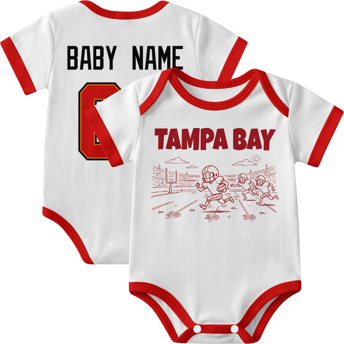Tampa personalized baby football bodysuit in Red showing front field action scene and back custom baby name and number