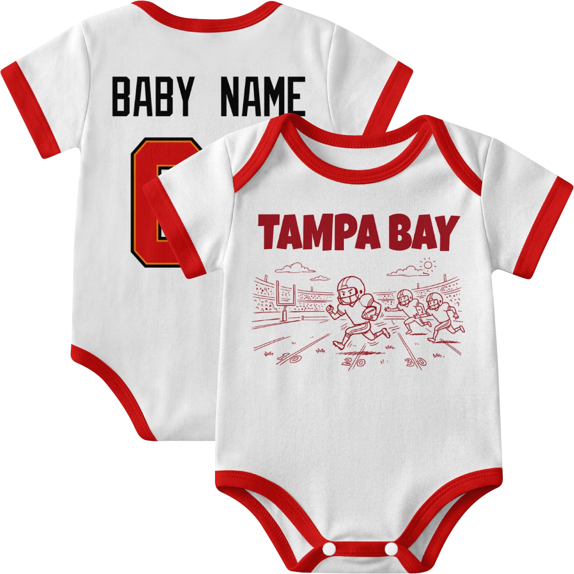Tampa personalized baby football bodysuit in White showing front field action scene and back custom baby name and number