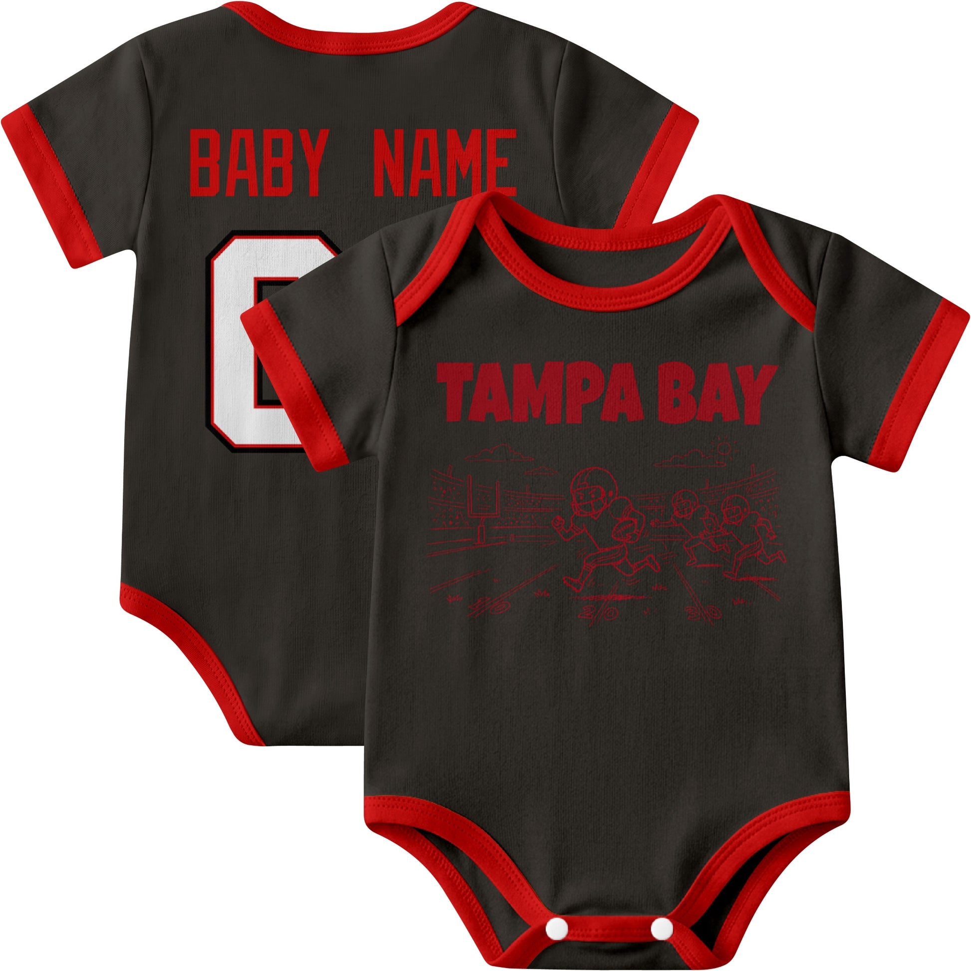 Tampa personalized baby football bodysuit in Black showing front field action scene and back custom baby name and number