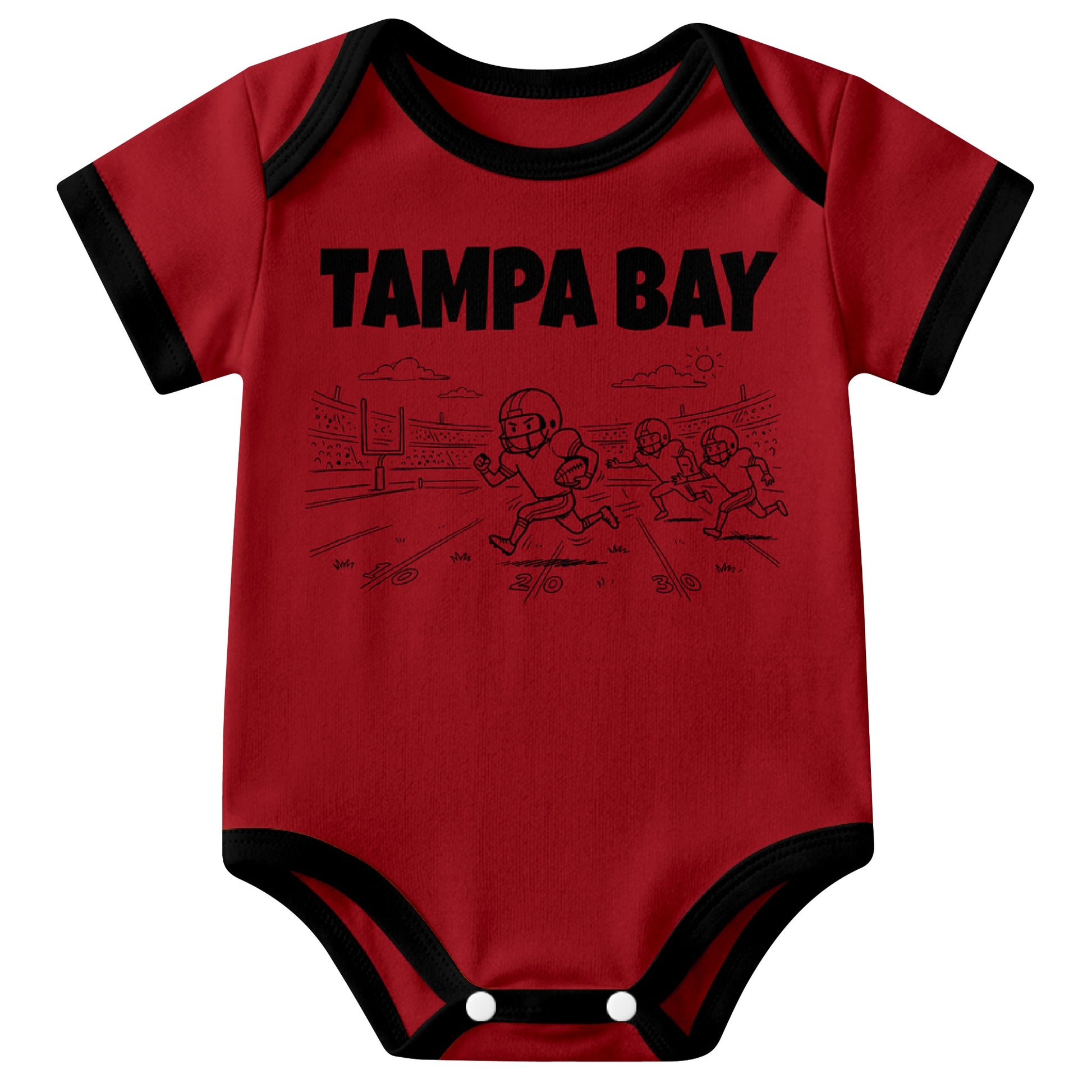 Tampa Red baby football bodysuit front view with city lettering and football field action graphic