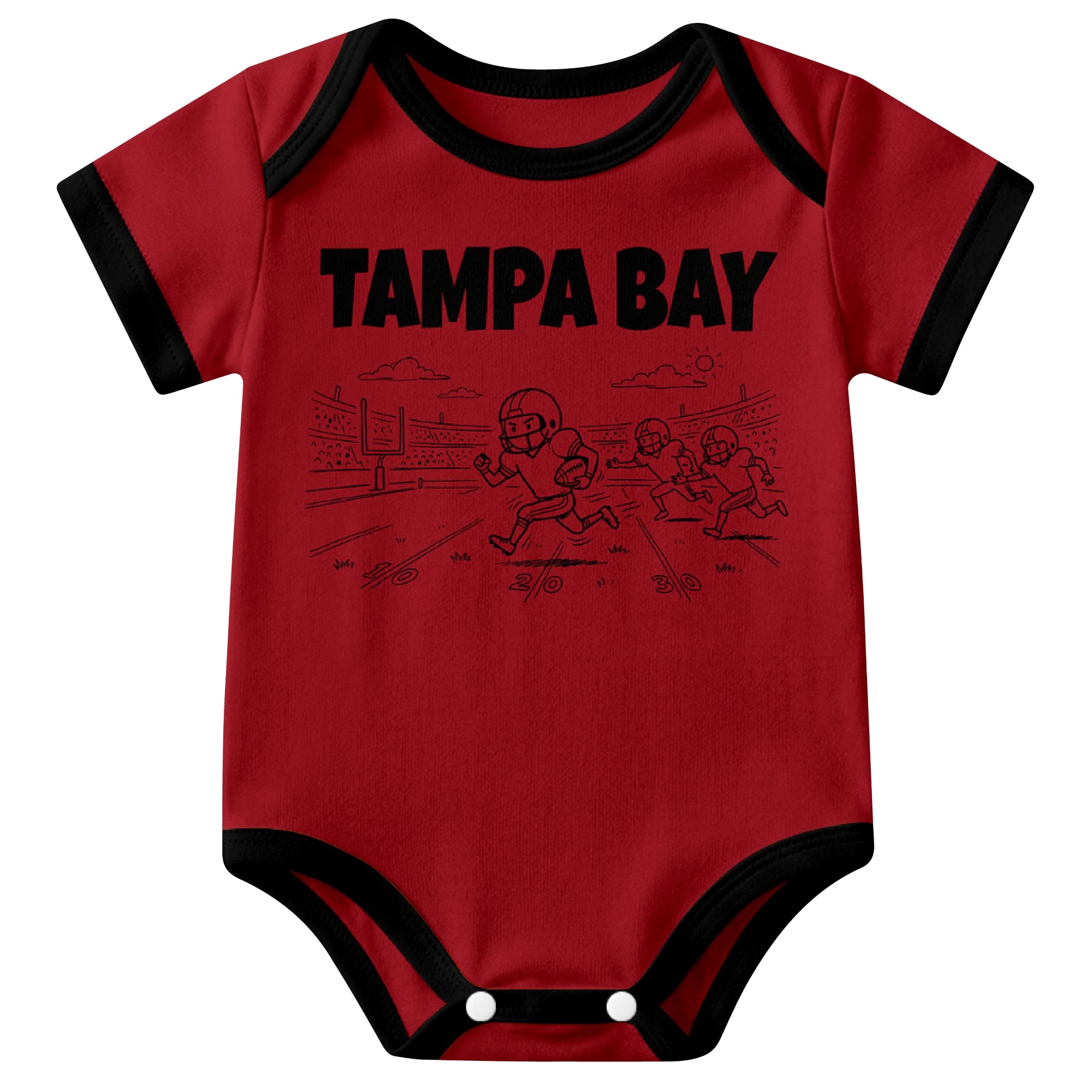 Tampa Red baby football bodysuit front view with city lettering and football field action graphic