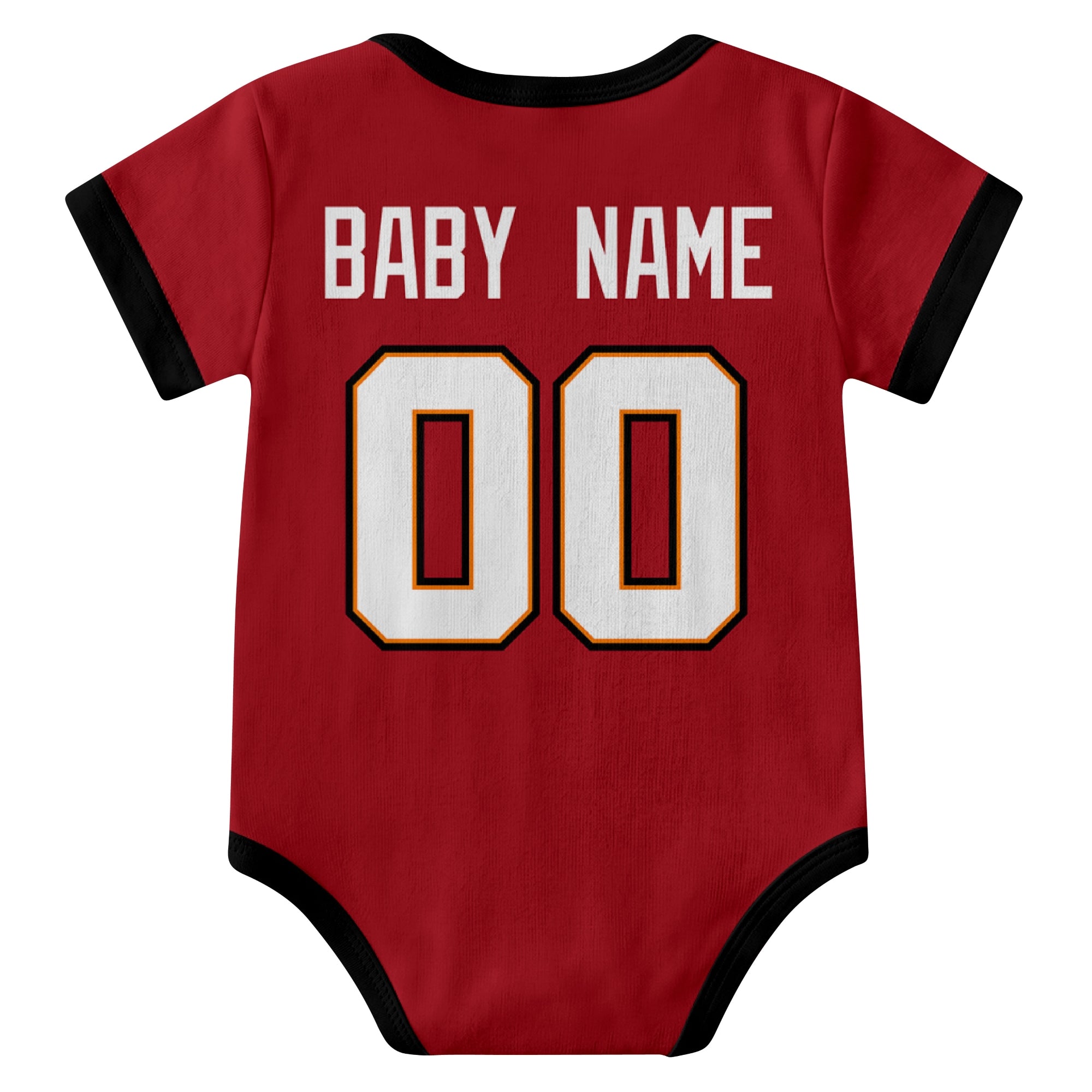 Tampa Red personalized baby football bodysuit back view with custom baby name and jersey number