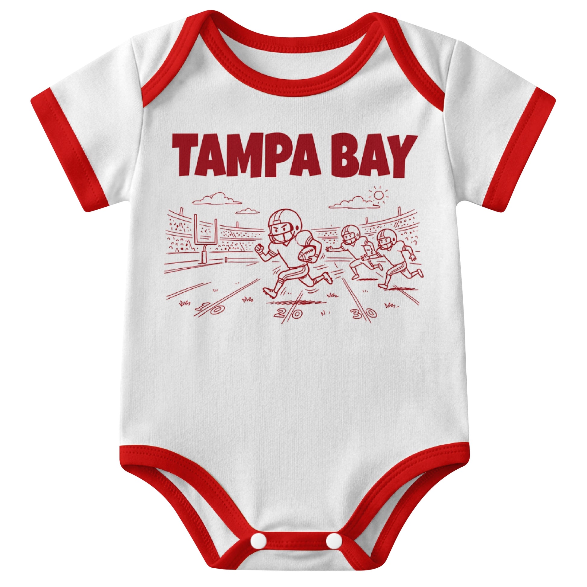 Tampa White baby football bodysuit front view with city lettering and football field action graphic