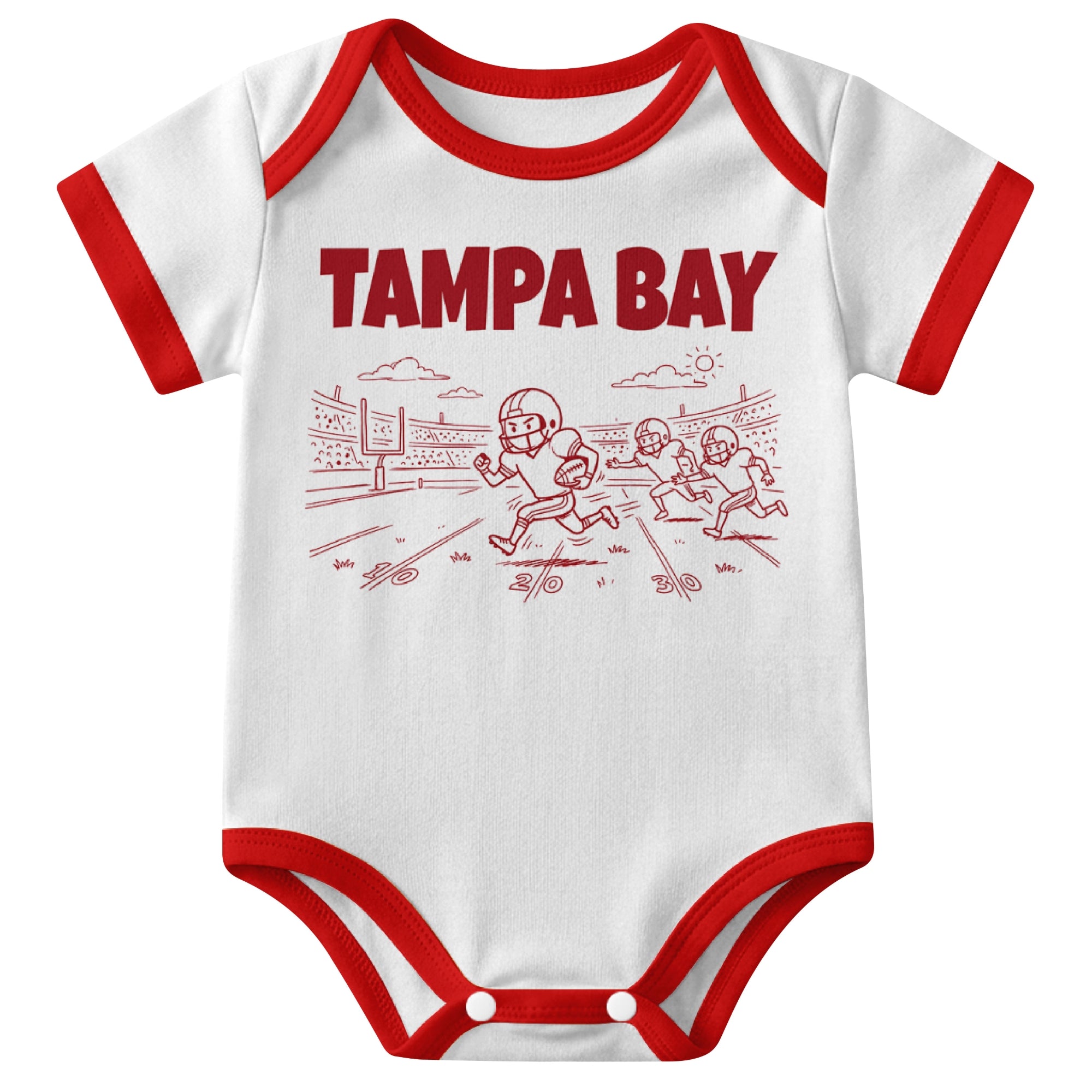 Tampa White baby football bodysuit front view with city lettering and football field action graphic