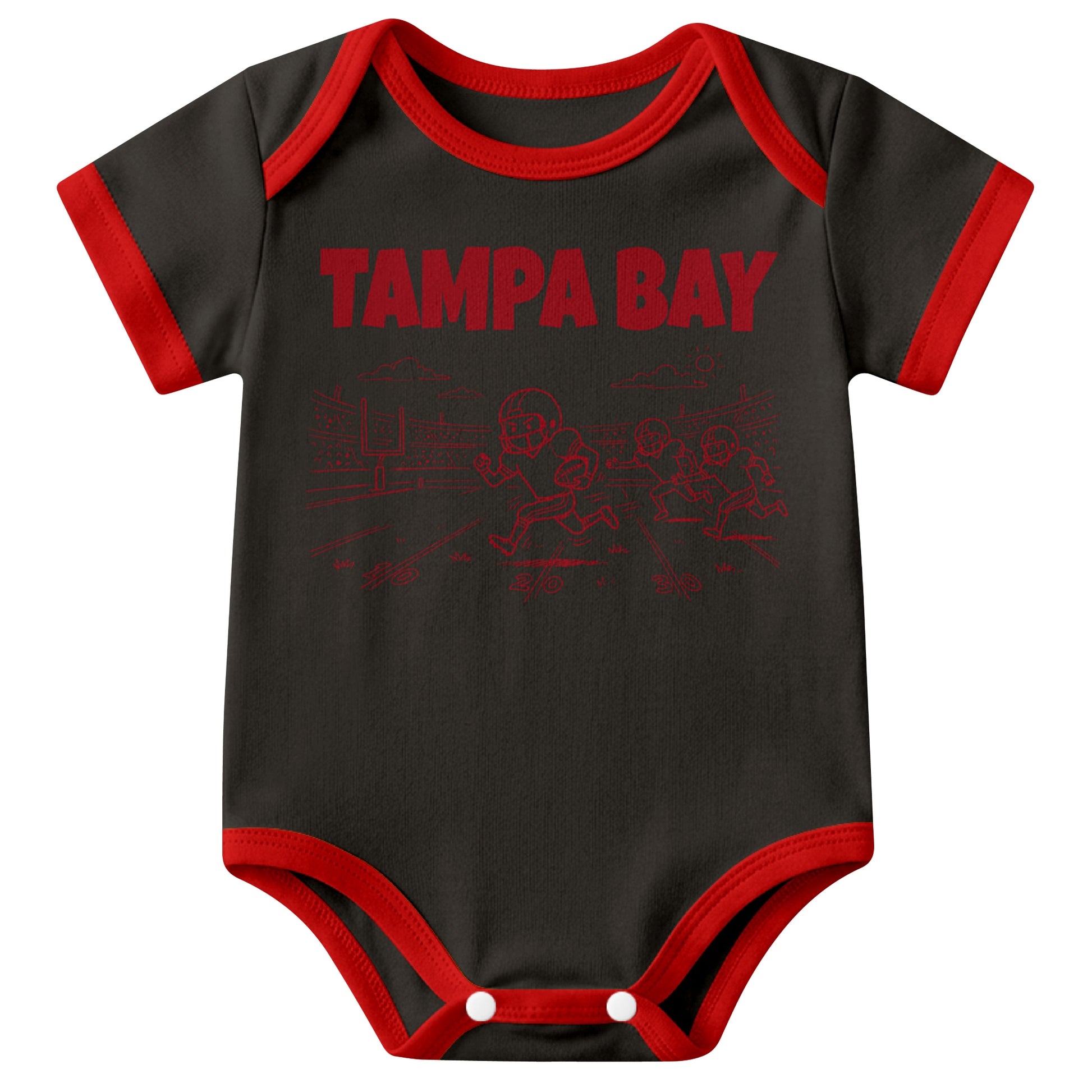 Tampa Black baby football bodysuit front view with city lettering and football field action graphic