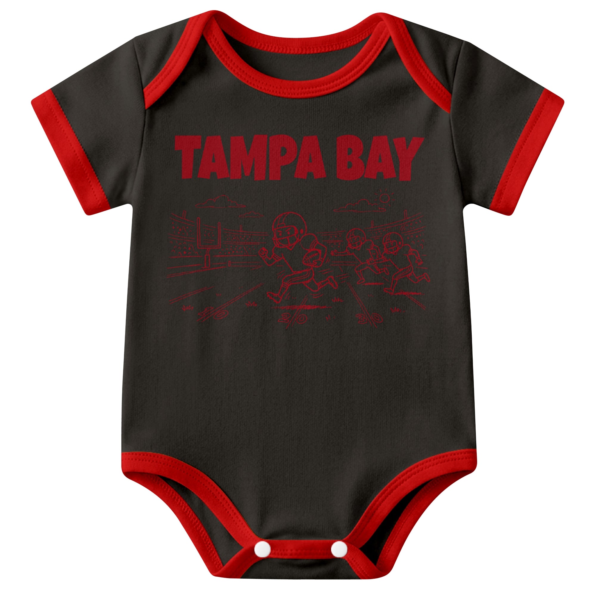 Tampa Black baby football bodysuit front view with city lettering and football field action graphic