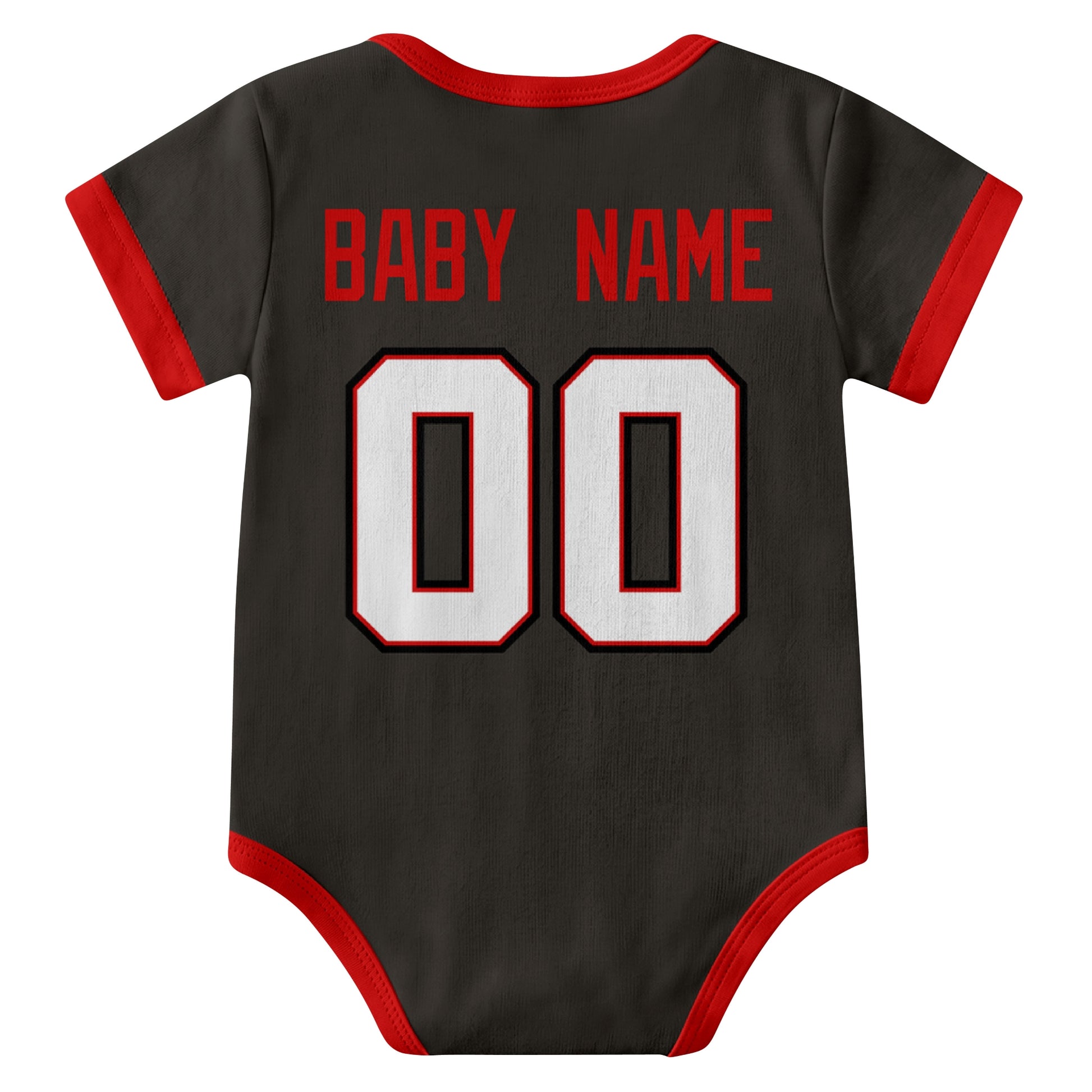 Tampa Black personalized baby football bodysuit back view with custom baby name and jersey number
