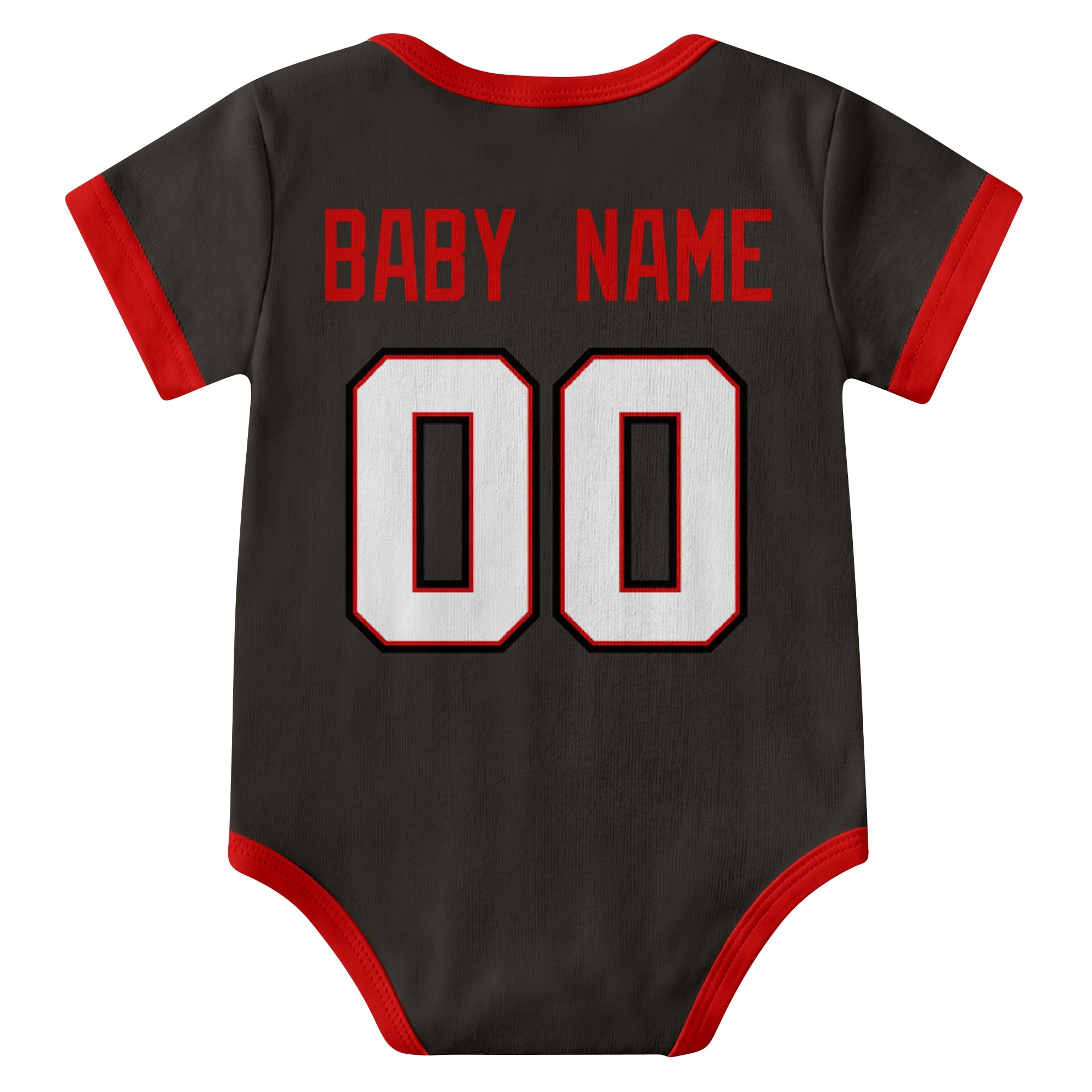 Tampa Black personalized baby football bodysuit back view with custom baby name and jersey number