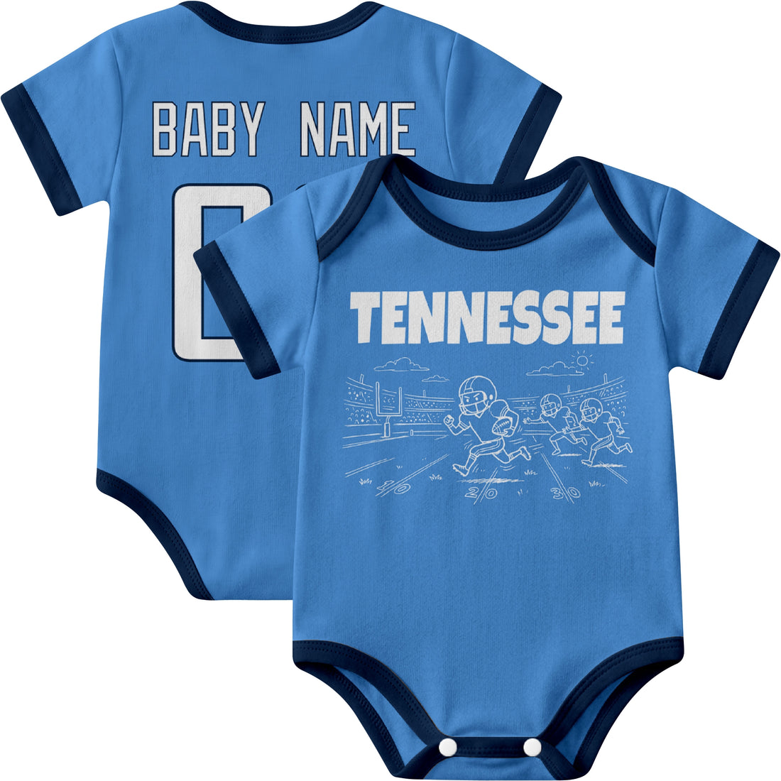 Tennessee personalized baby football bodysuit in Light Blue showing front field action scene and back custom baby name and number