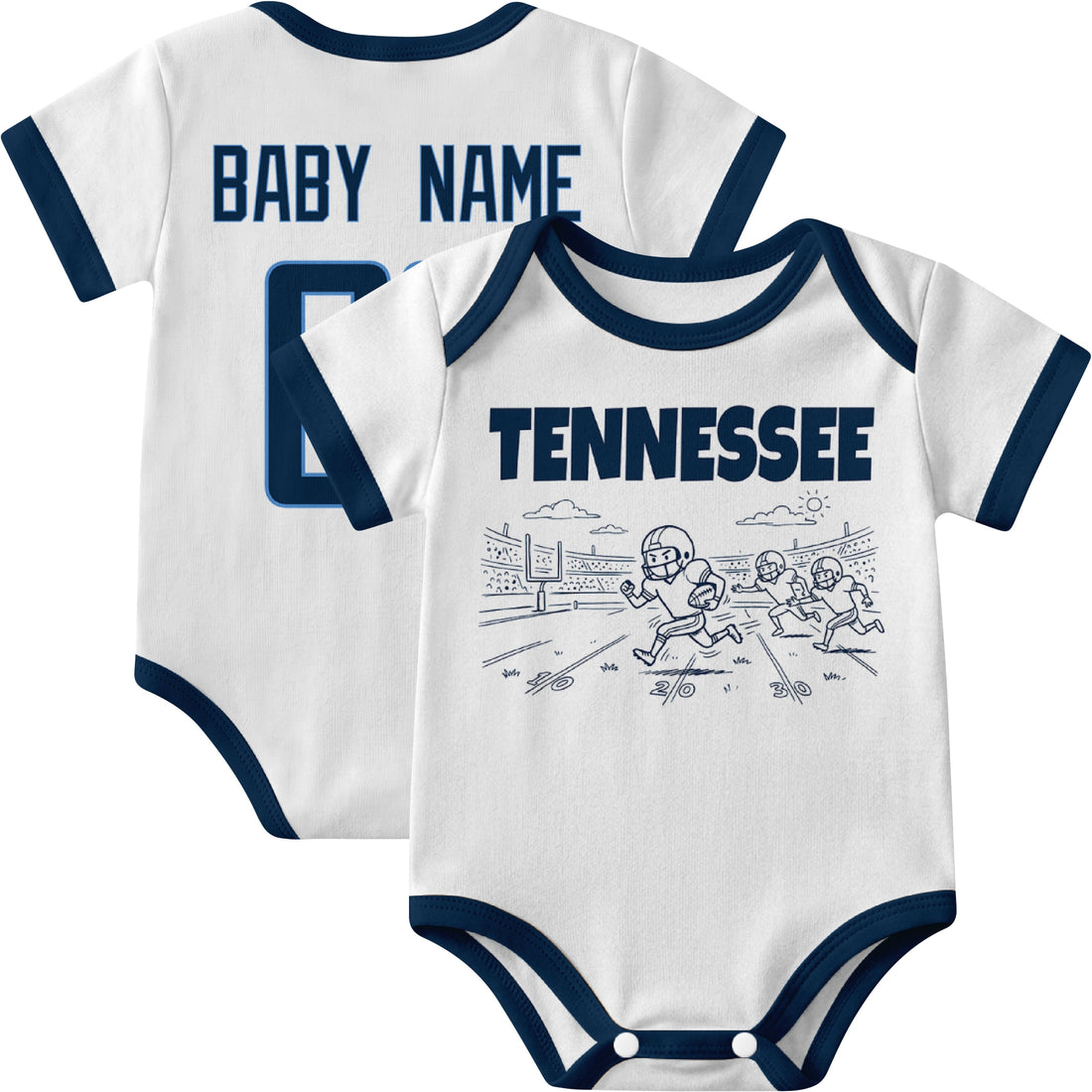 Tennessee personalized baby football bodysuit in Light Blue showing front field action scene and back custom baby name and number