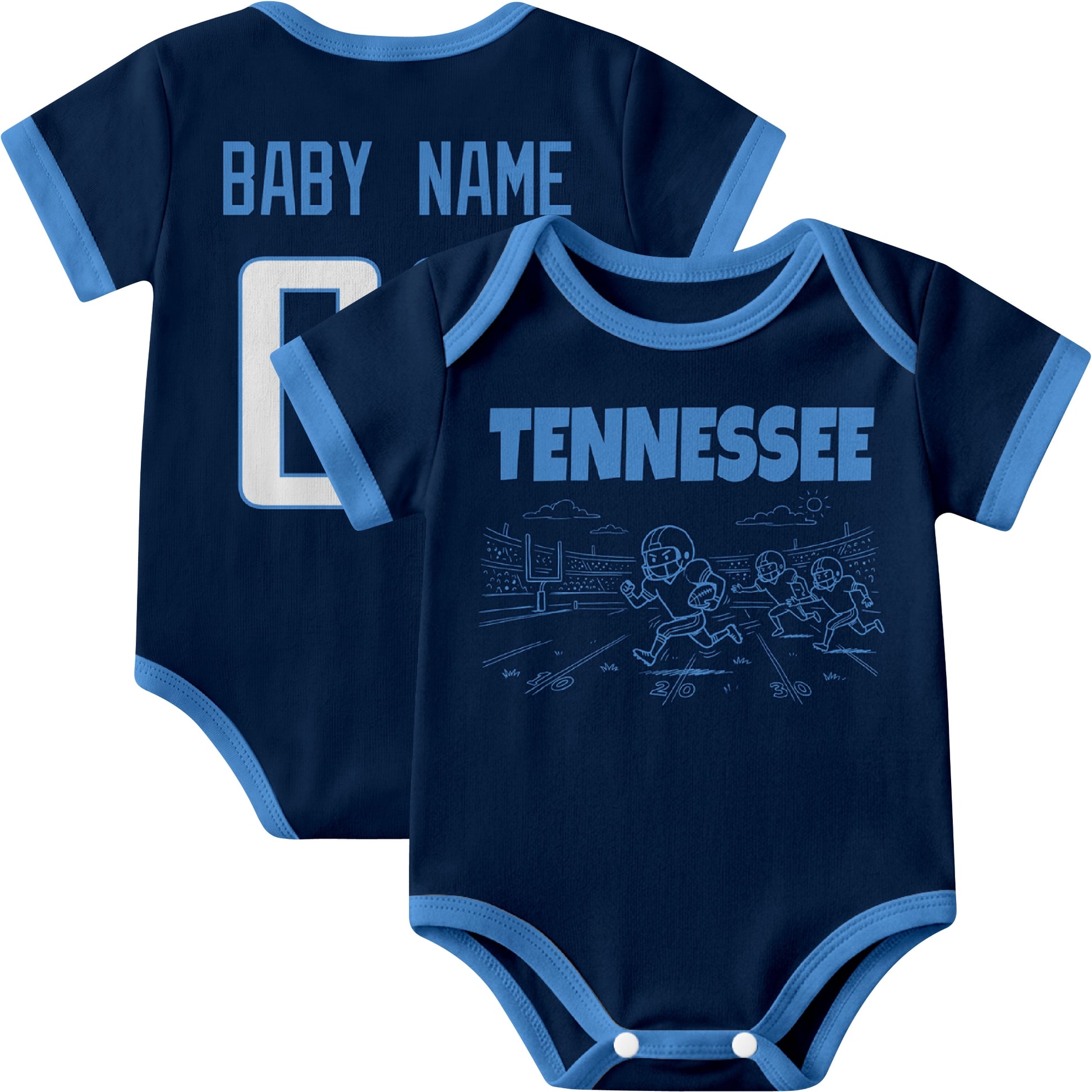 Tennessee personalized baby football bodysuit in Navy showing front field action scene and back custom baby name and number