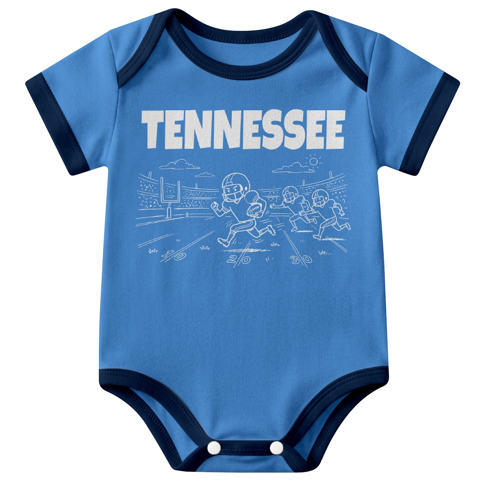 Tennessee Light Blue baby football bodysuit front view with city lettering and football field action graphic