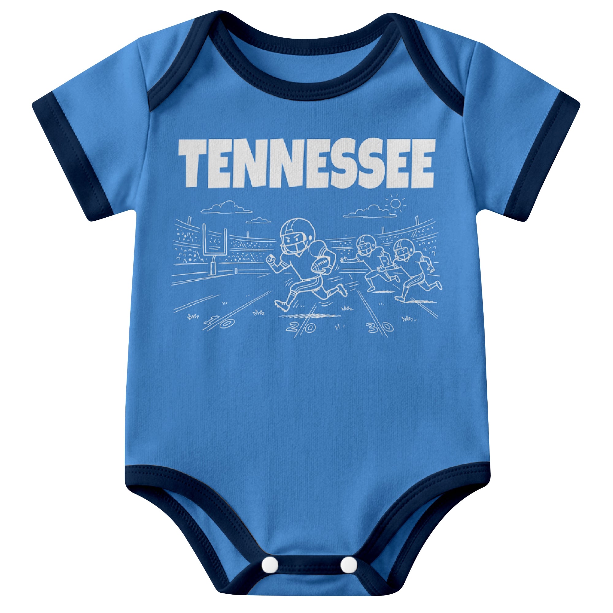 Tennessee Light Blue baby football bodysuit front view with city lettering and football field action graphic
