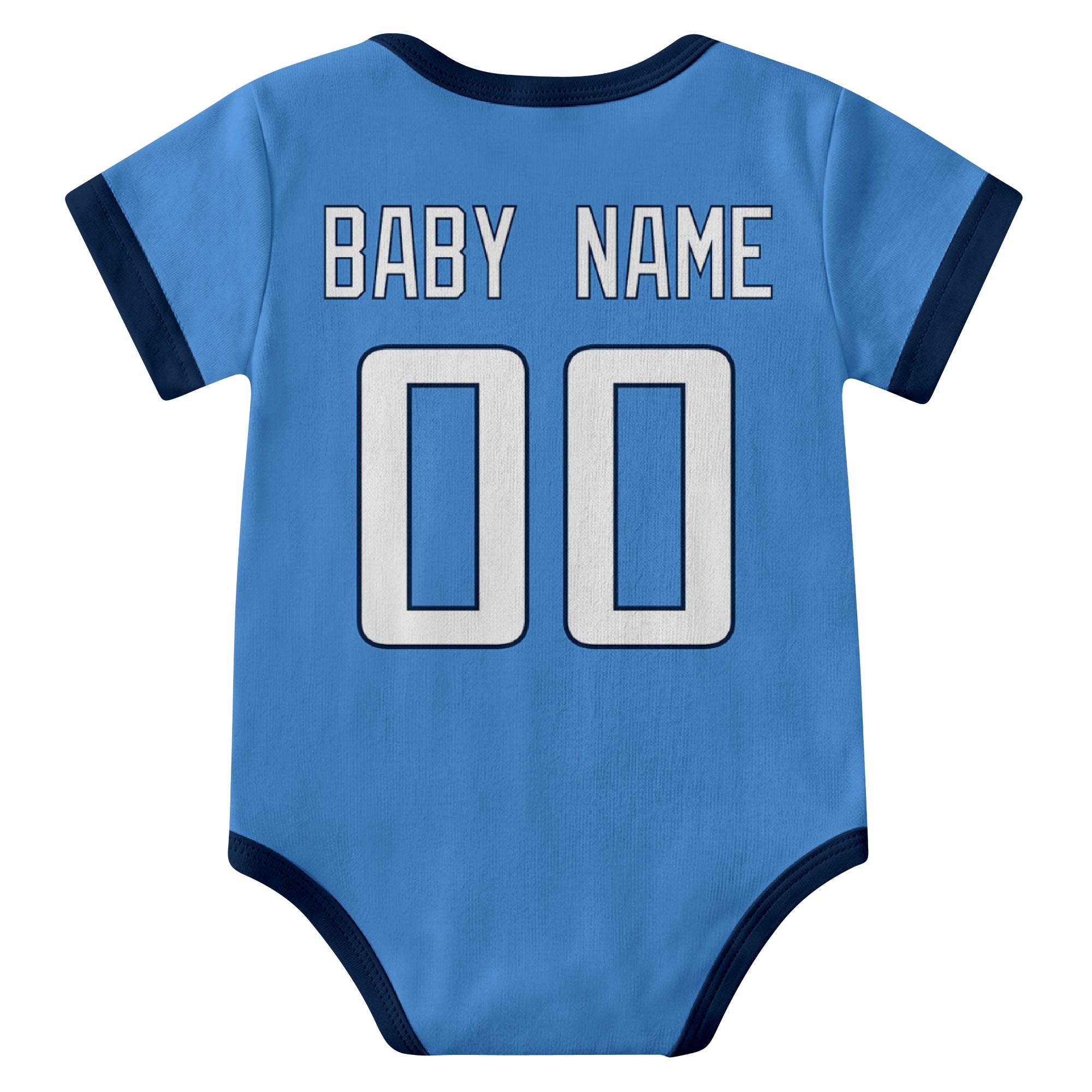 Tennessee Light Blue personalized baby football bodysuit back view with custom baby name and jersey number