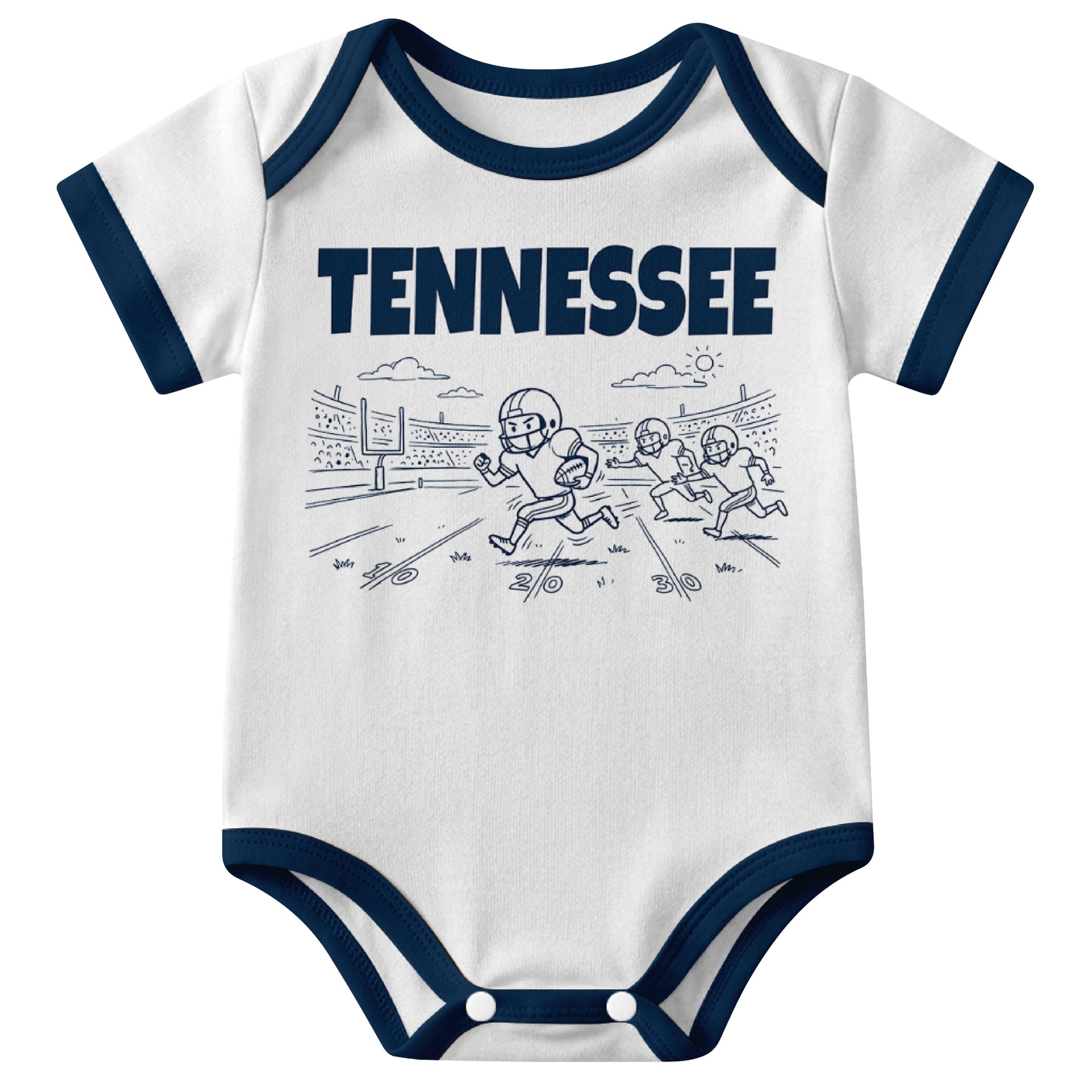 Tennessee White baby football bodysuit front view with city lettering and football field action graphic