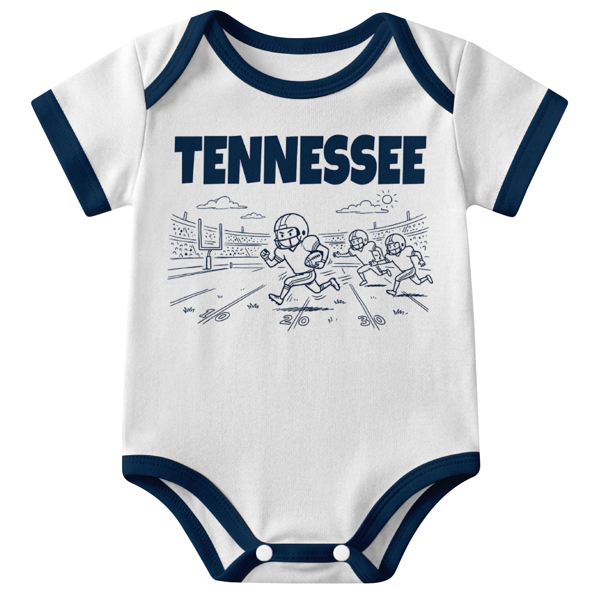 Tennessee White baby football bodysuit front view with city lettering and football field action graphic