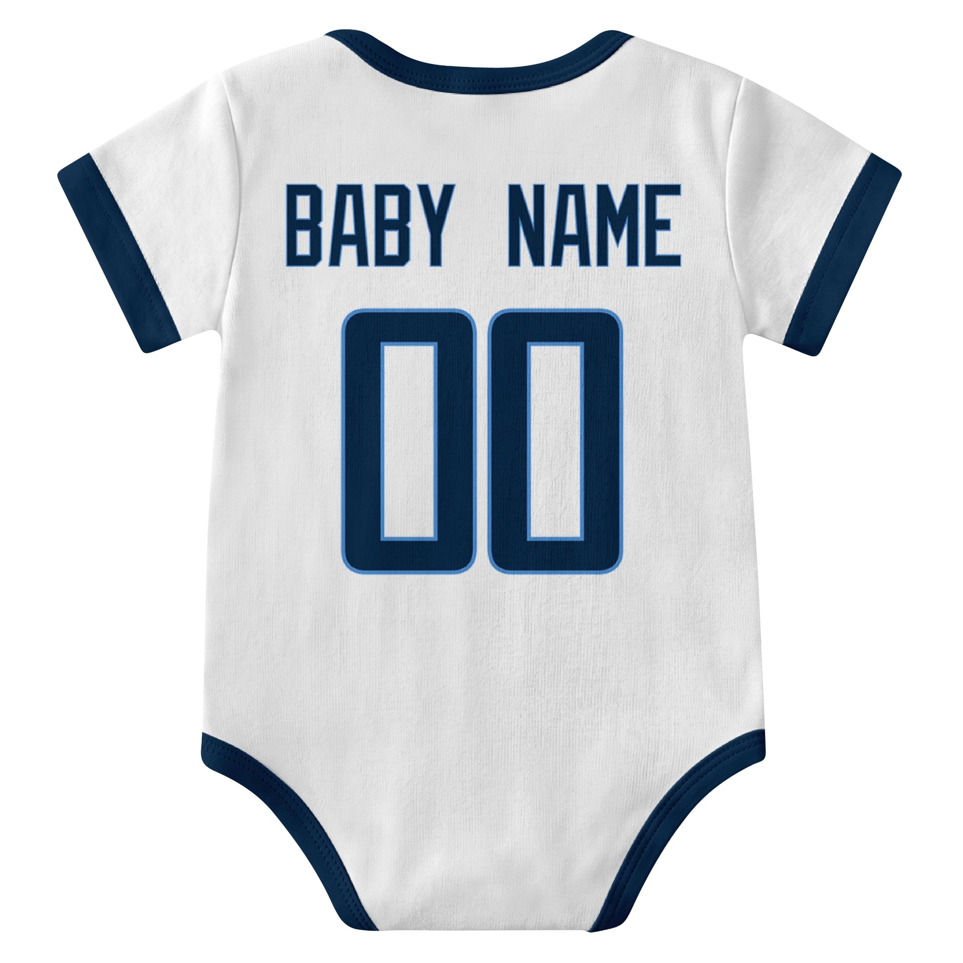 Tennessee White personalized baby football bodysuit back view with custom baby name and jersey number