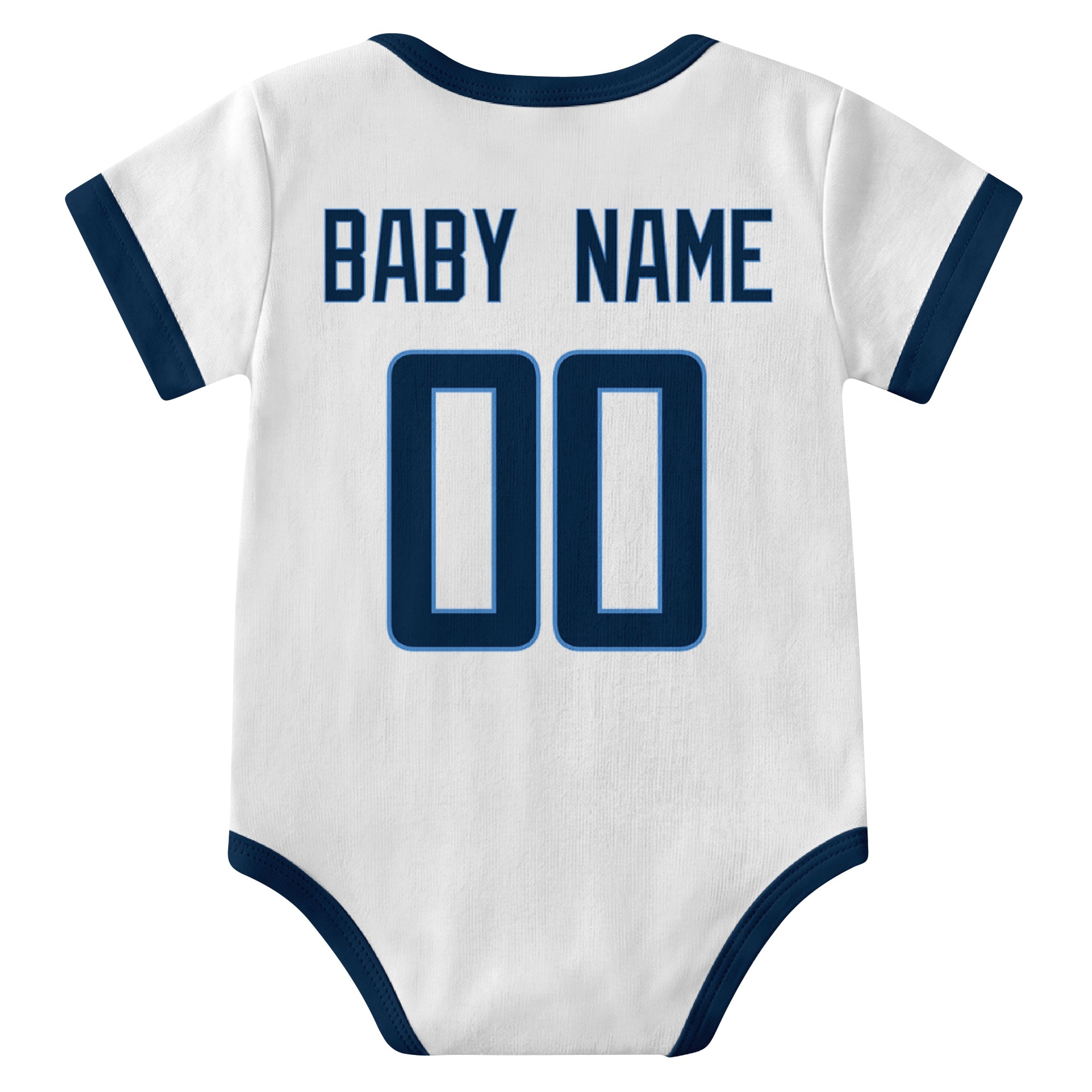 Tennessee White personalized baby football bodysuit back view with custom baby name and jersey number