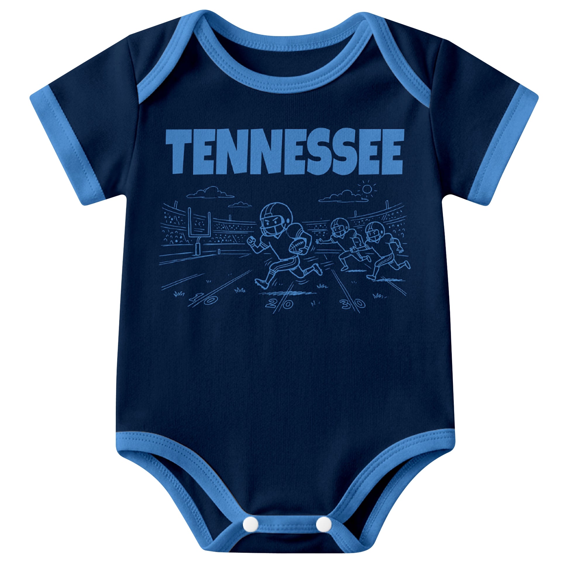 Tennessee Navy baby football bodysuit front view with city lettering and football field action graphic
