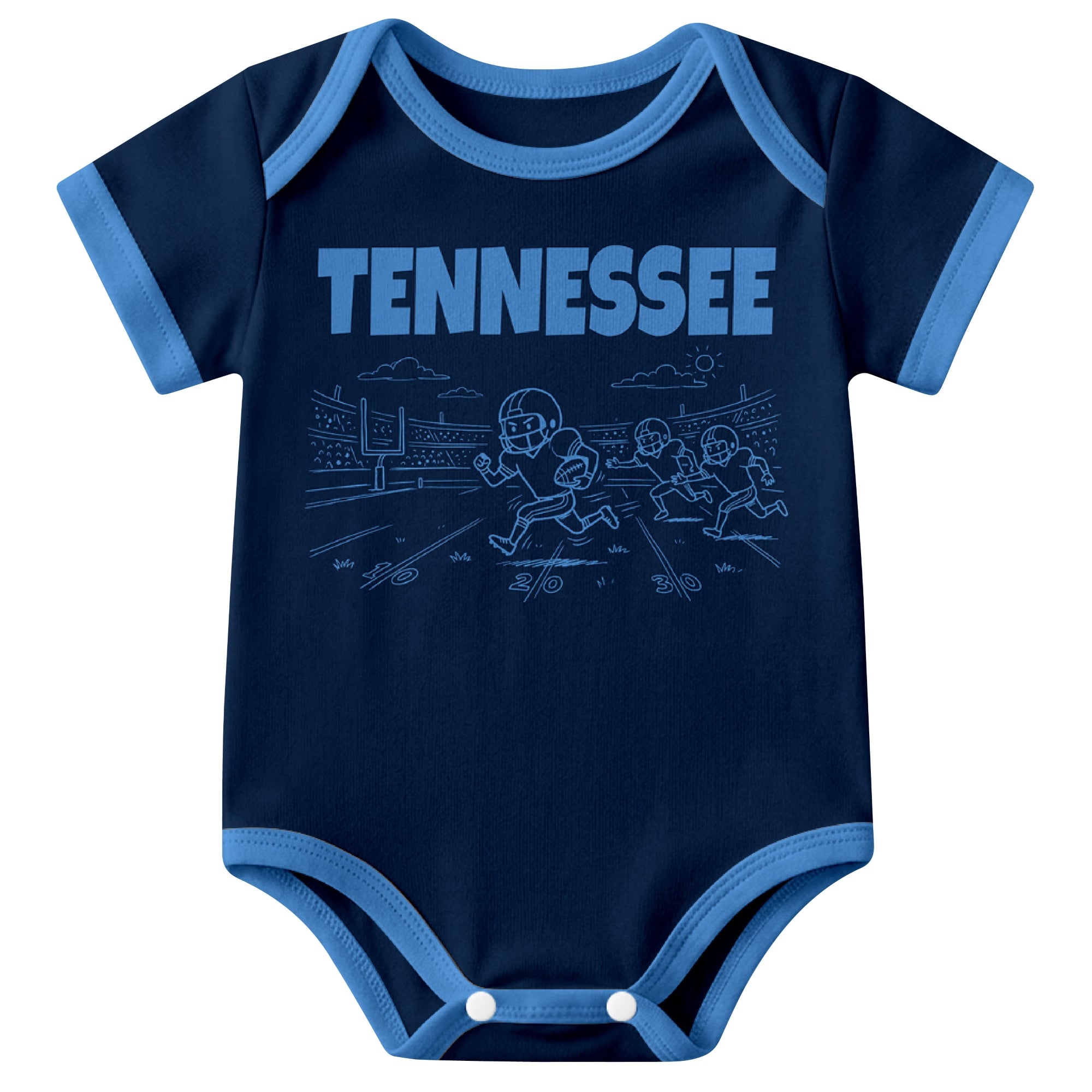 Tennessee Navy baby football bodysuit front view with city lettering and football field action graphic