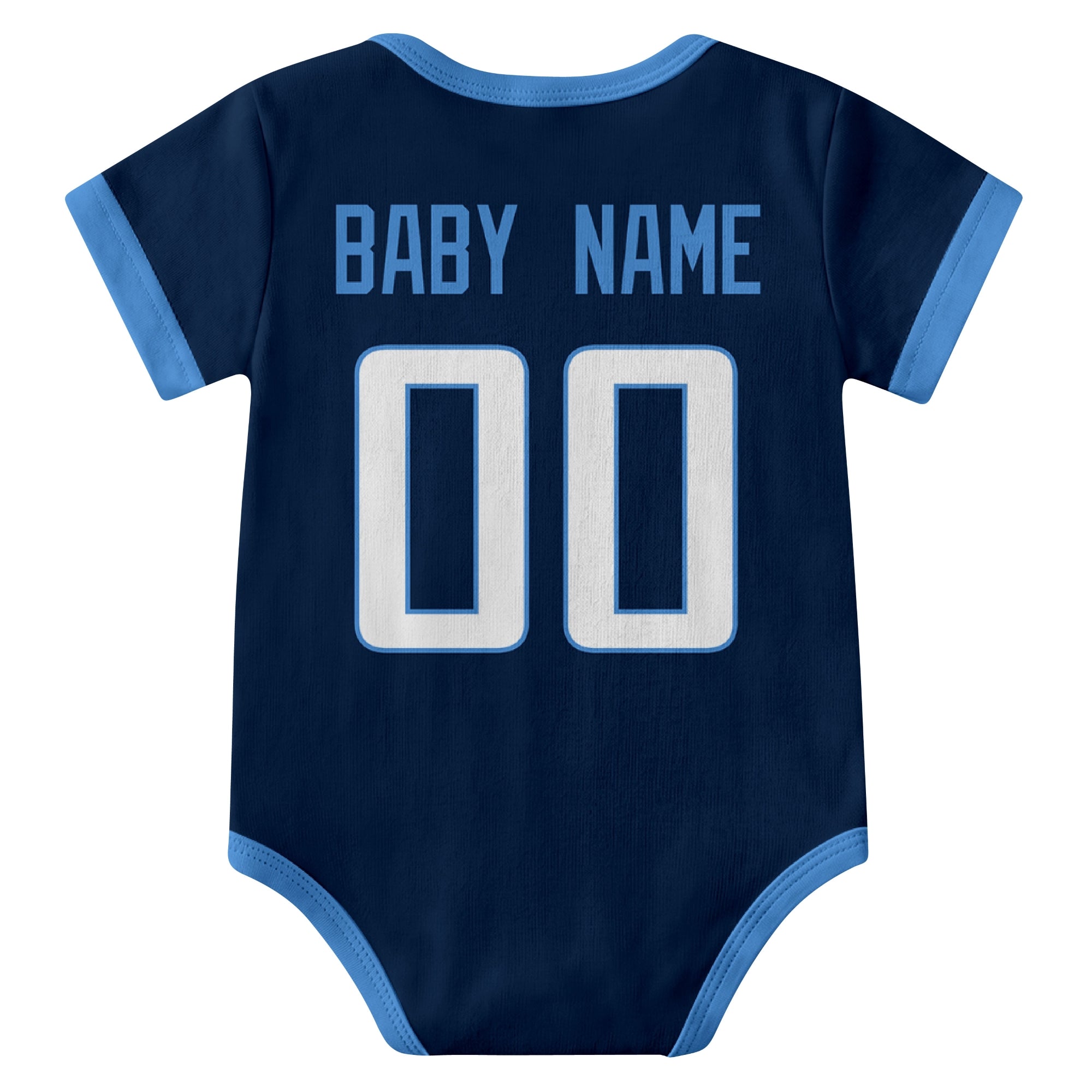 Tennessee Navy personalized baby football bodysuit back view with custom baby name and jersey number