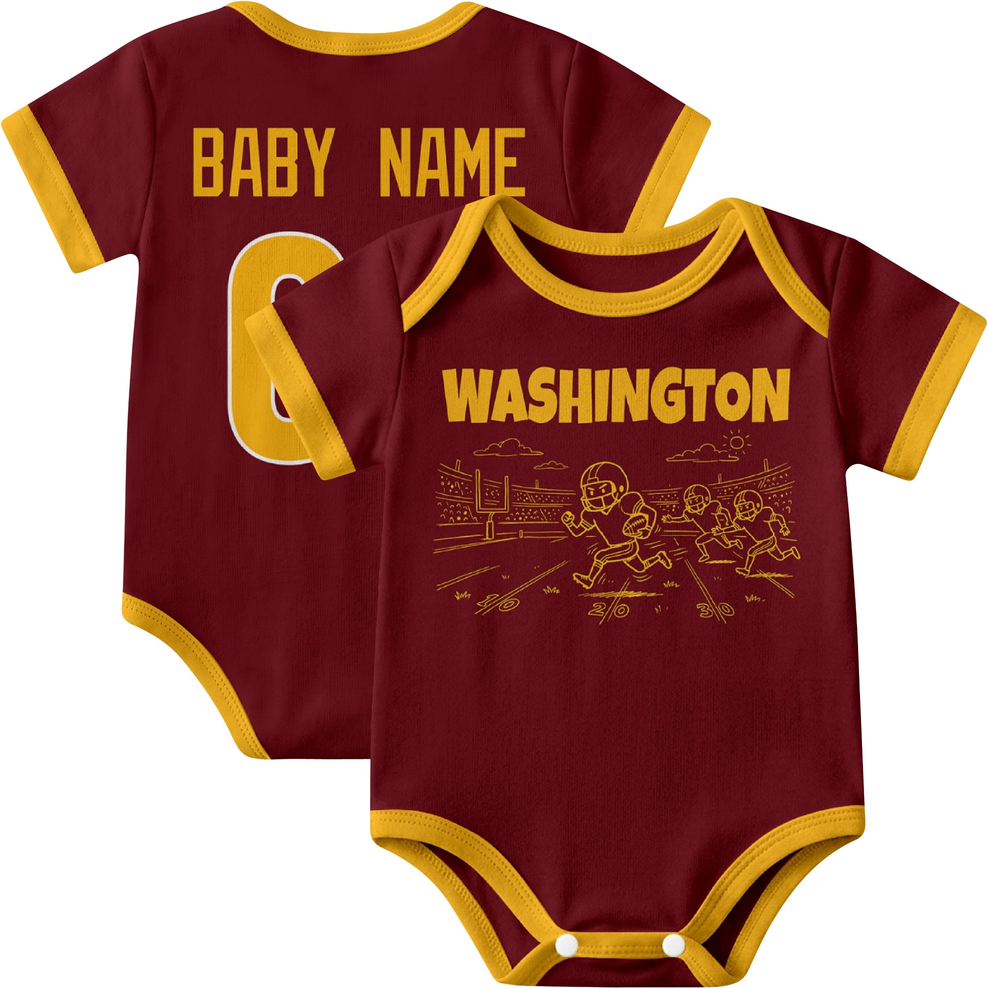 Washington personalized baby football bodysuit in Burgundy showing front field action scene and back custom baby name and number