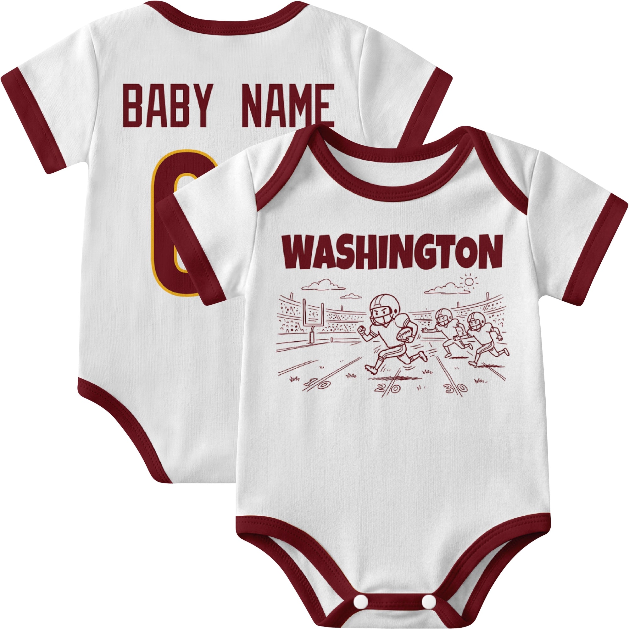 Washington personalized baby football bodysuit in White showing front field action scene and back custom baby name and number