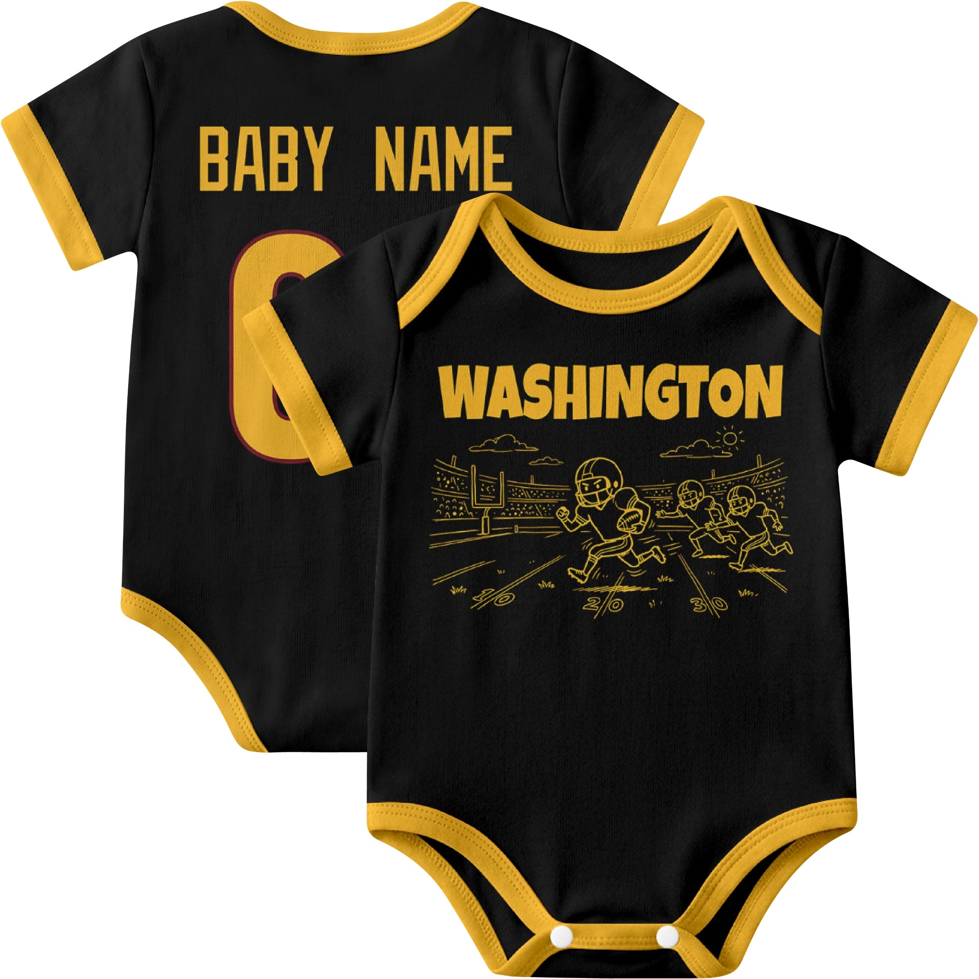 Washington personalized baby football bodysuit in Black showing front field action scene and back custom baby name and number