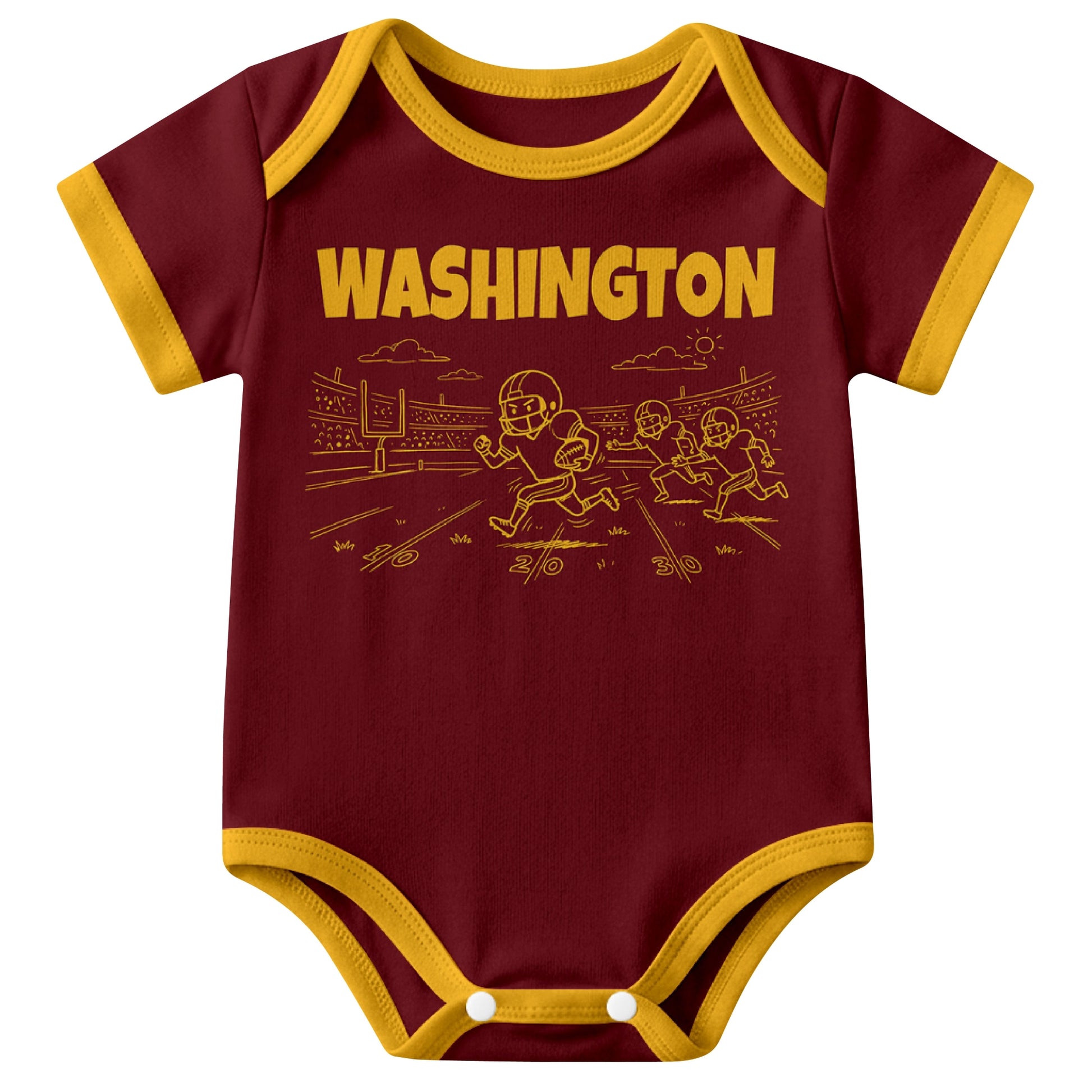 Washington Burgundy baby football bodysuit front view with city lettering and football field action graphic