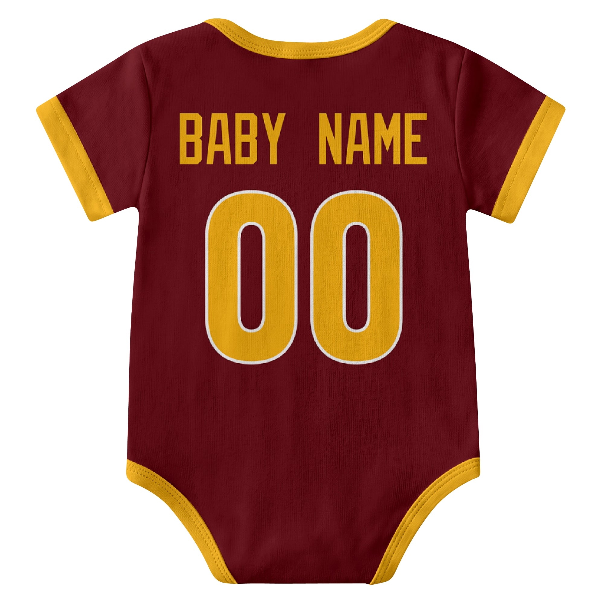 Washington Burgundy personalized baby football bodysuit back view with custom baby name and jersey number