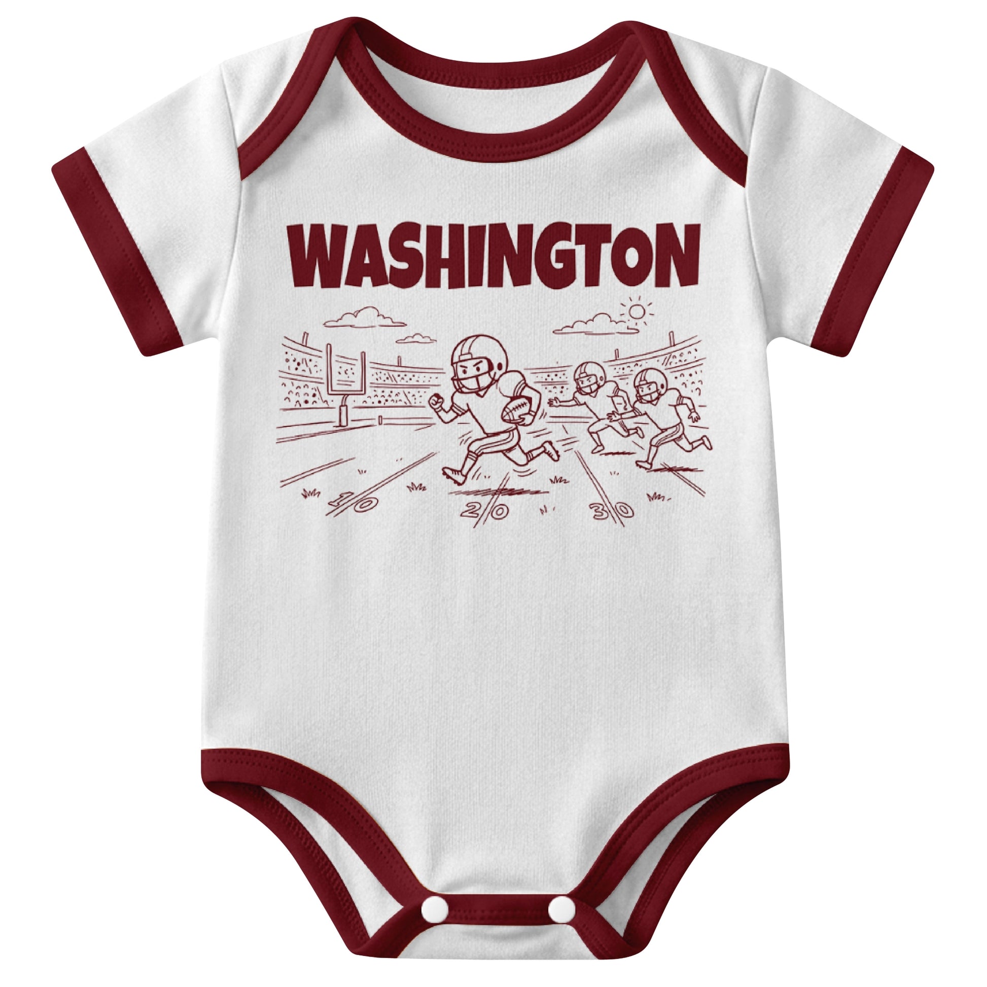 Washington White baby football bodysuit front view with city lettering and football field action graphic
