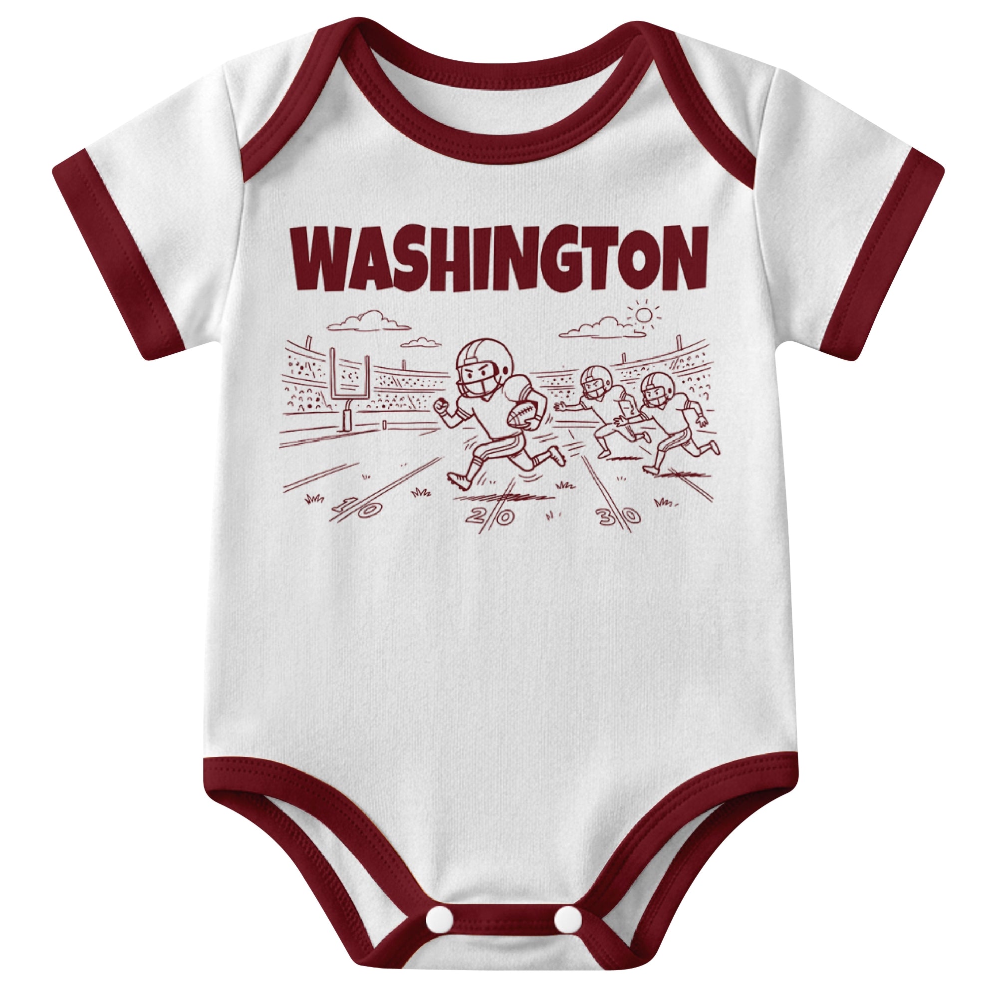 Washington White baby football bodysuit front view with city lettering and football field action graphic