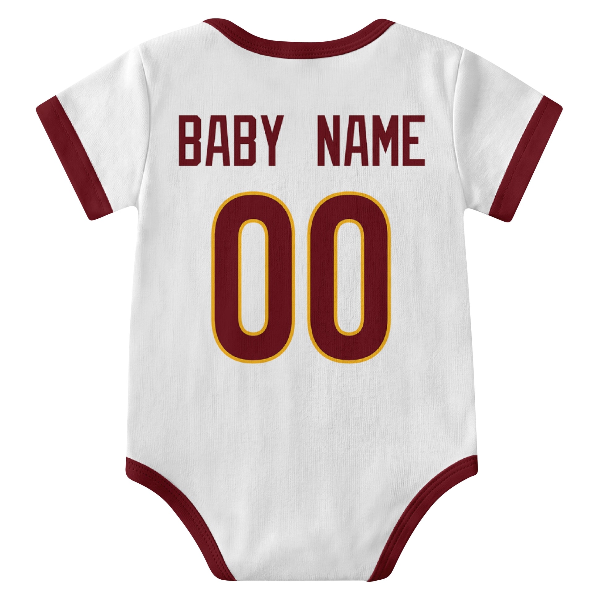 Washington White personalized baby football bodysuit back view with custom baby name and jersey number