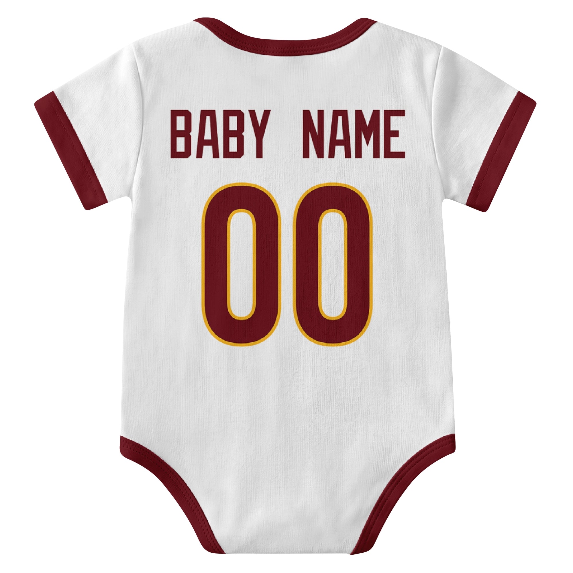 Washington White personalized baby football bodysuit back view with custom baby name and jersey number