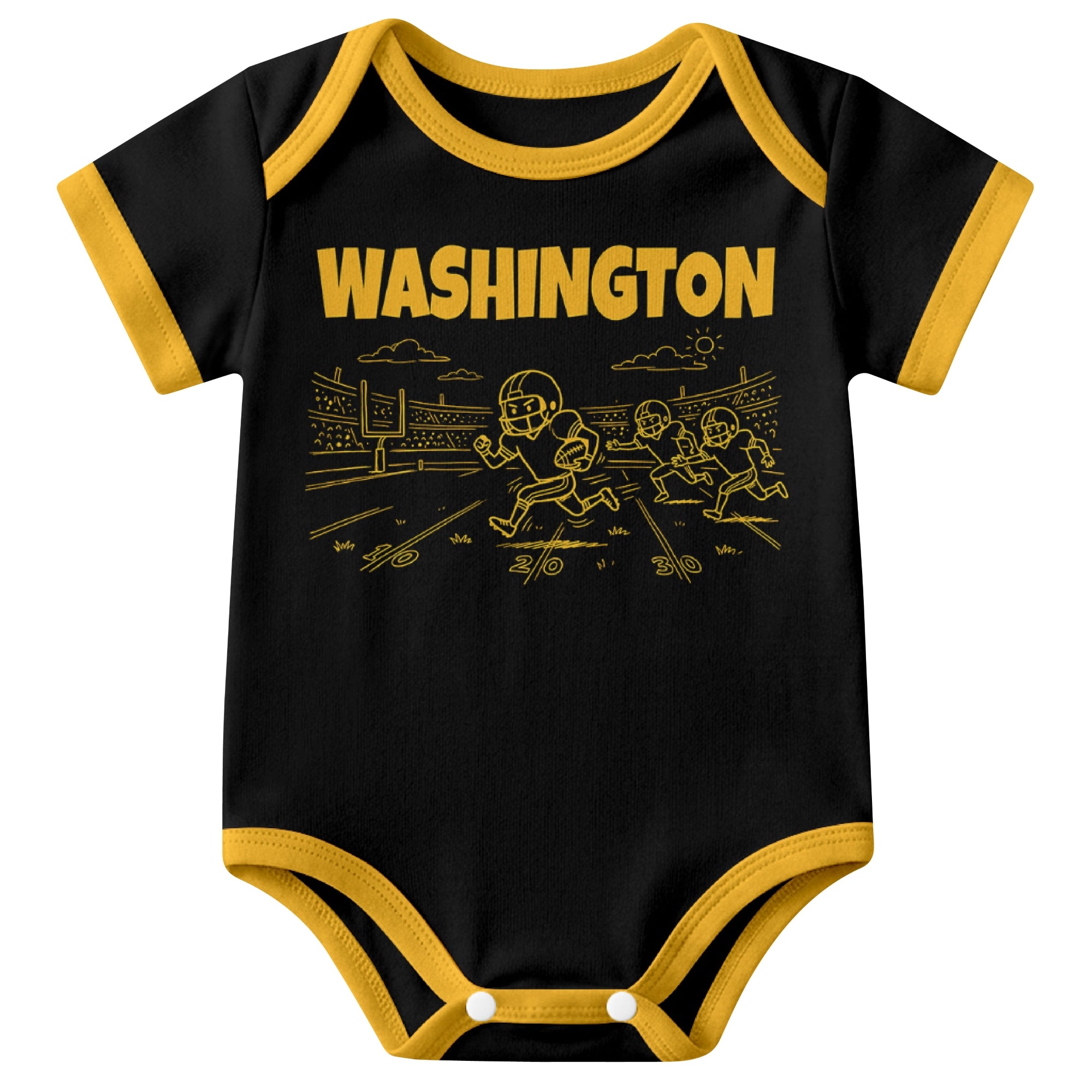 Washington Black baby football bodysuit front view with city lettering and football field action graphic
