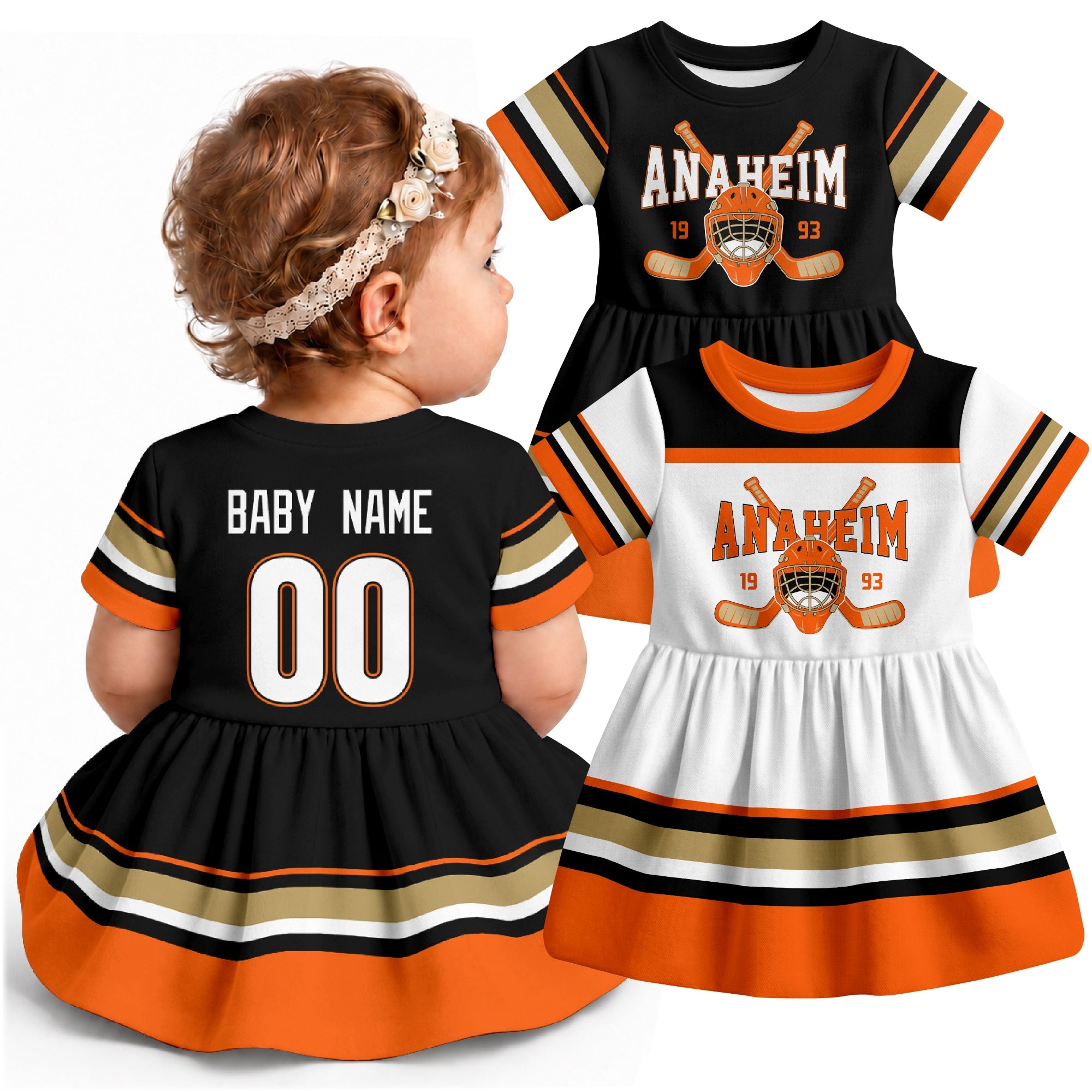 Personalized Anaheim hockey baby bodysuit dress shown on baby with Black and White city-color styles