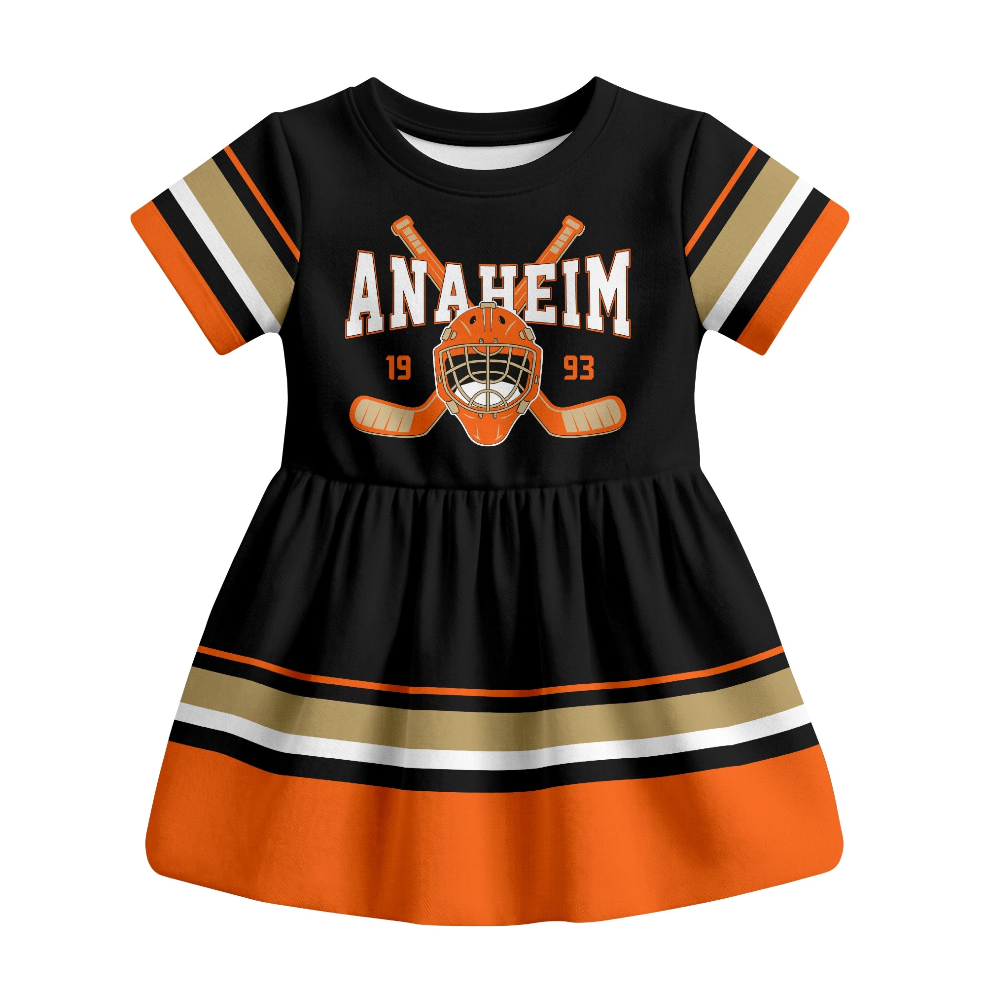 Black Anaheim hockey baby bodysuit dress front view
