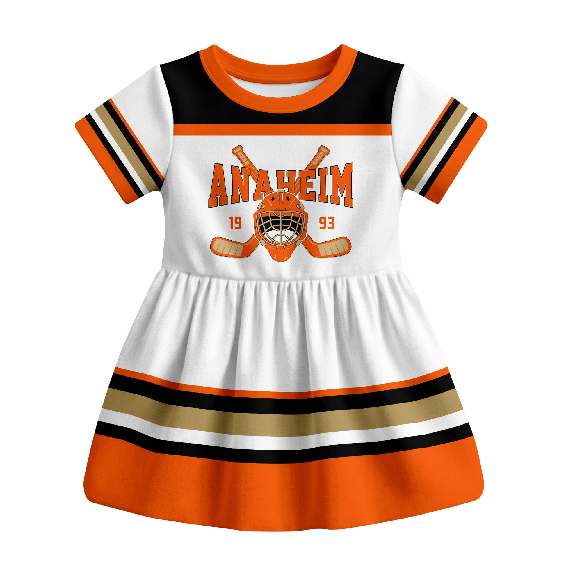 White Anaheim hockey baby bodysuit dress front view