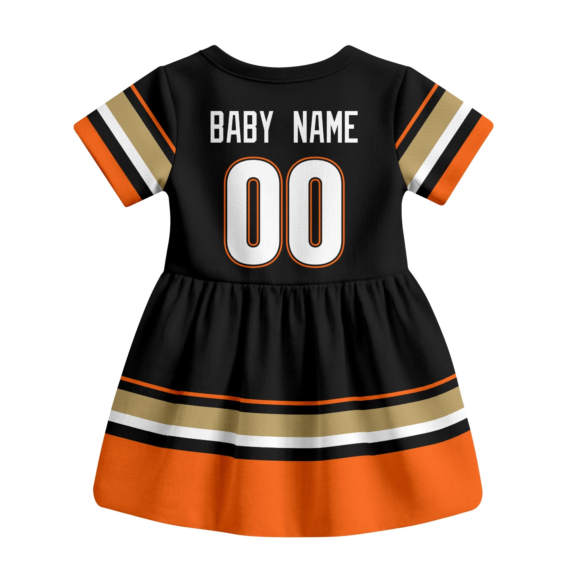 Black Anaheim hockey baby bodysuit dress back view with custom baby name and number